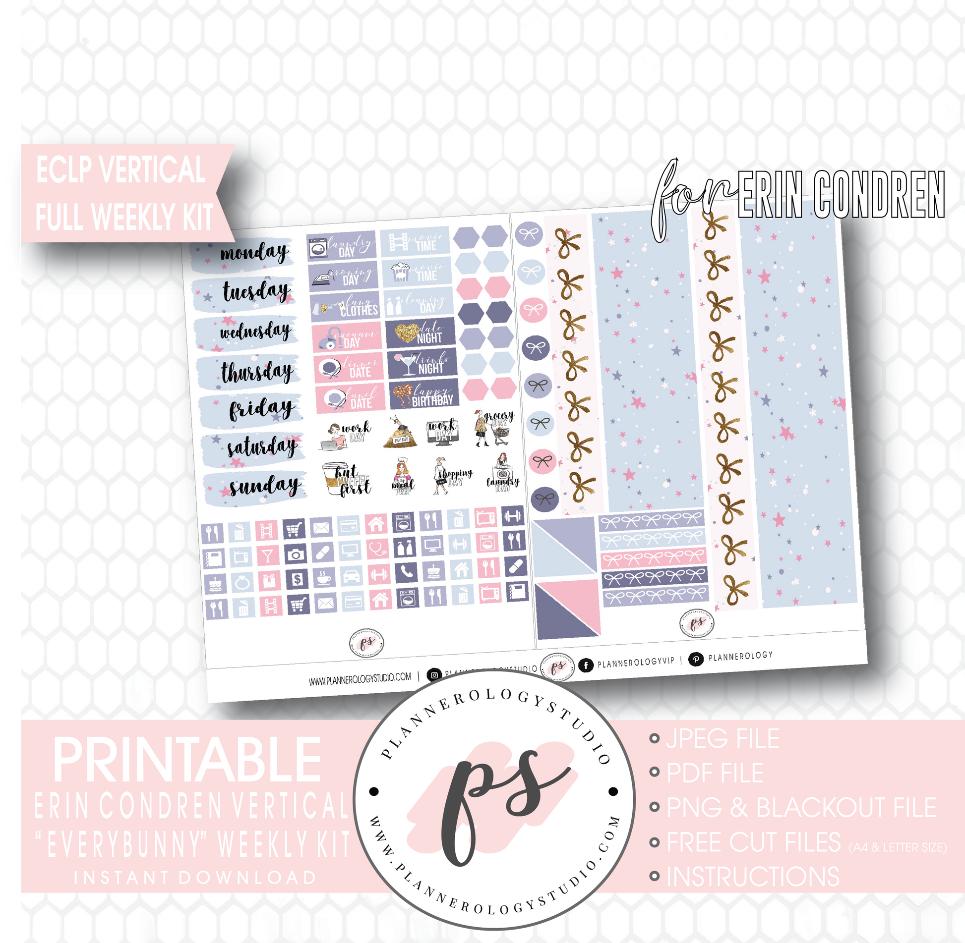 Everbunny (Easter) Weekly Kit Printable Planner Digital Stickers (for use with Erin Condren Vertical - Plannerologystudio