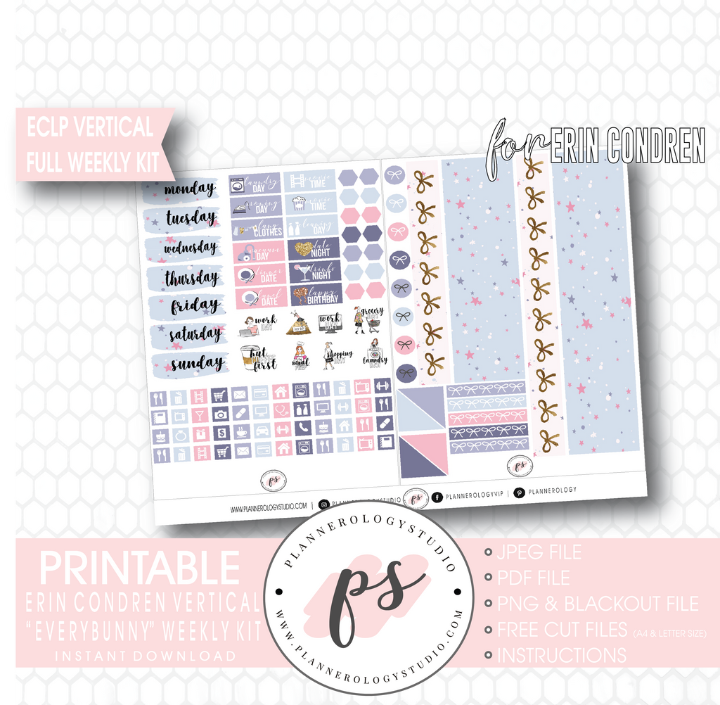 Everbunny (Easter) Weekly Kit Printable Planner Digital Stickers (for use with Erin Condren Vertical - Plannerologystudio