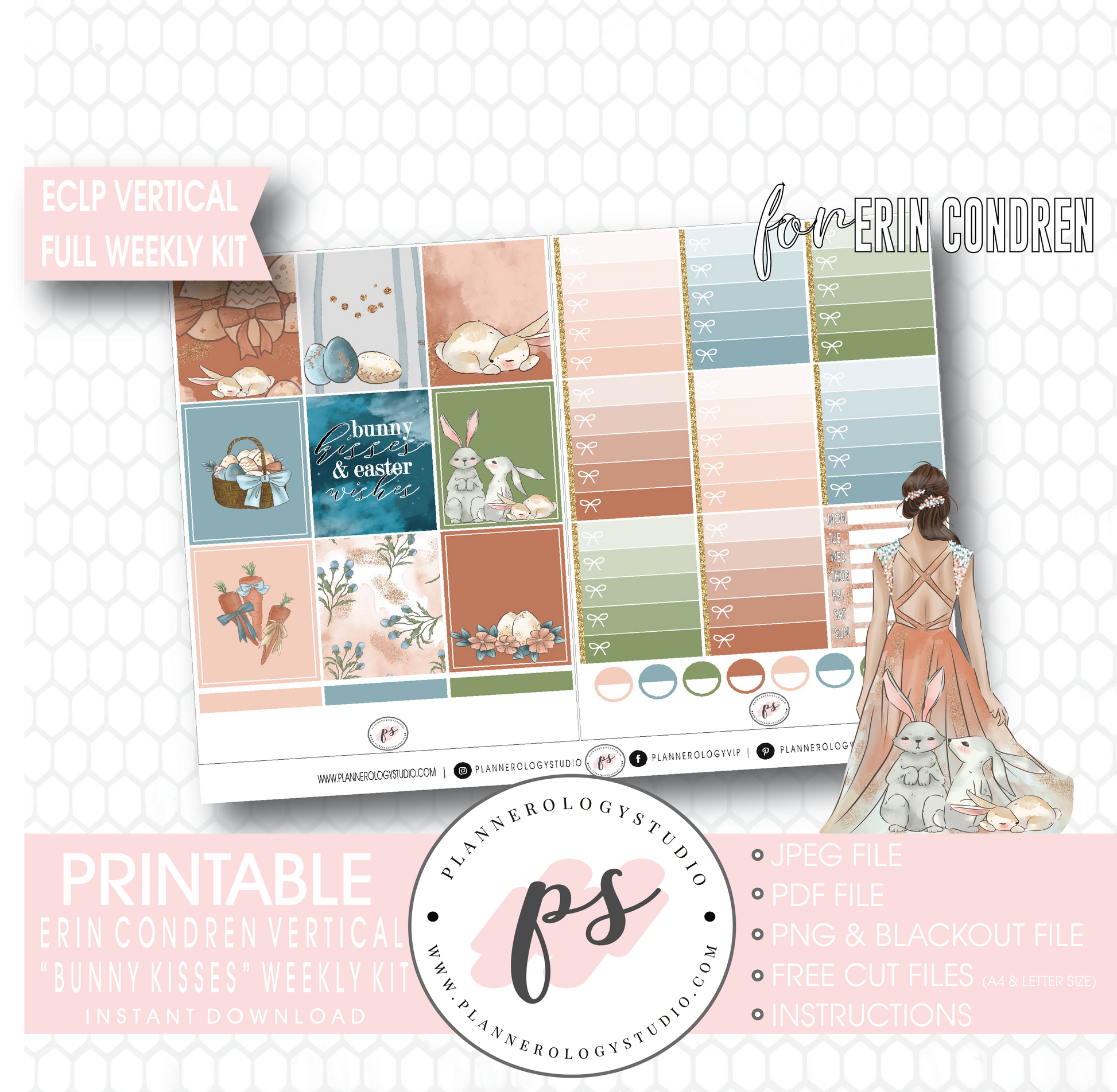 Bunny Kisses Full Weekly Kit Printable Planner Digital Stickers (for use with Erin Condren Vertical - Plannerologystudio