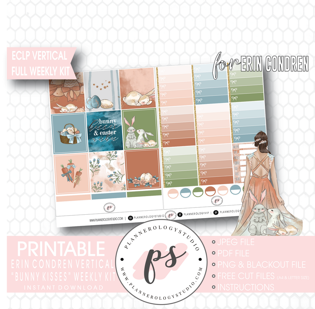 Bunny Kisses Full Weekly Kit Printable Planner Digital Stickers (for use with Erin Condren Vertical - Plannerologystudio