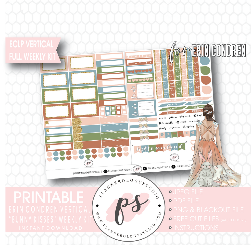 Bunny Kisses Full Weekly Kit Printable Planner Digital Stickers (for use with Erin Condren Vertical - Plannerologystudio