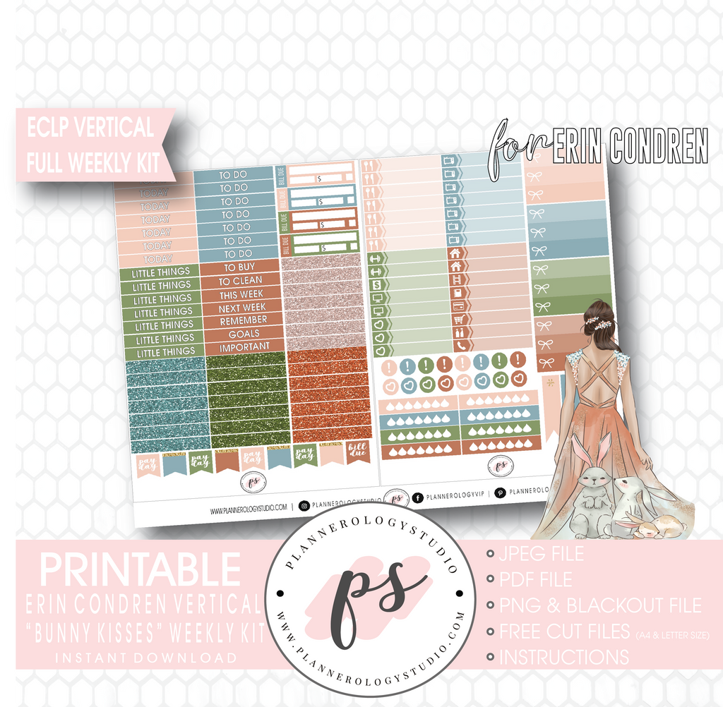 Bunny Kisses Full Weekly Kit Printable Planner Digital Stickers (for use with Erin Condren Vertical - Plannerologystudio