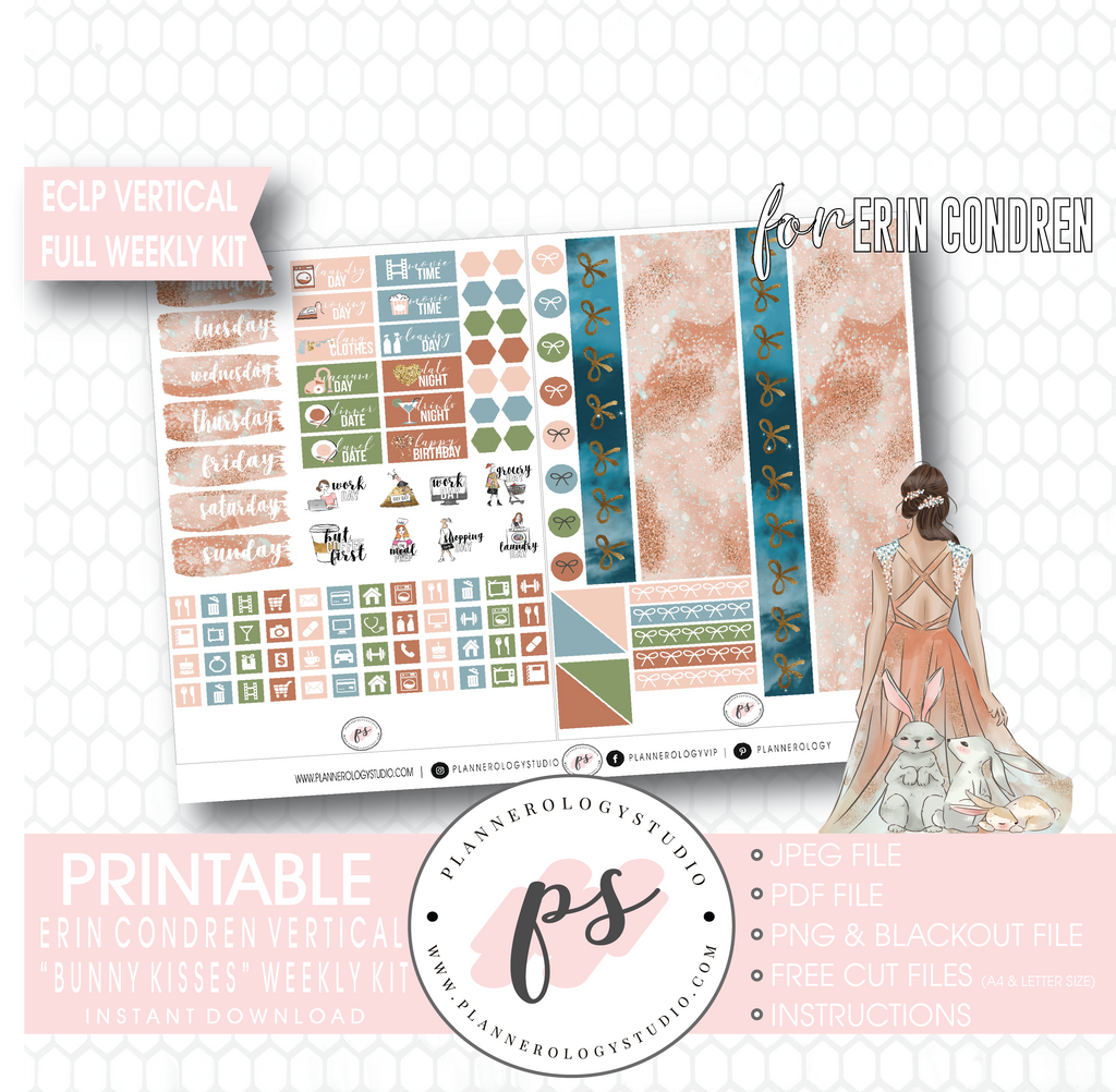 Bunny Kisses Full Weekly Kit Printable Planner Digital Stickers (for use with Erin Condren Vertical - Plannerologystudio