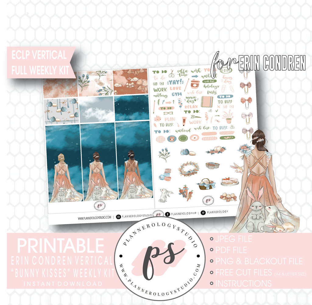 Bunny Kisses Full Weekly Kit Printable Planner Digital Stickers (for use with Erin Condren Vertical - Plannerologystudio