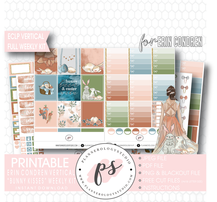 Bunny Kisses Full Weekly Kit Printable Planner Digital Stickers (for use with Erin Condren Vertical - Plannerologystudio