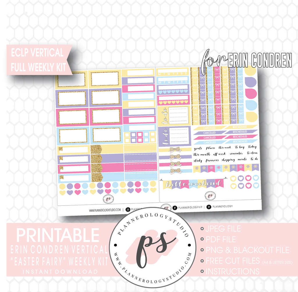 Easter Fairy Weekly Kit Printable Planner Digital Stickers (for use with Erin Condren Vertical - Plannerologystudio