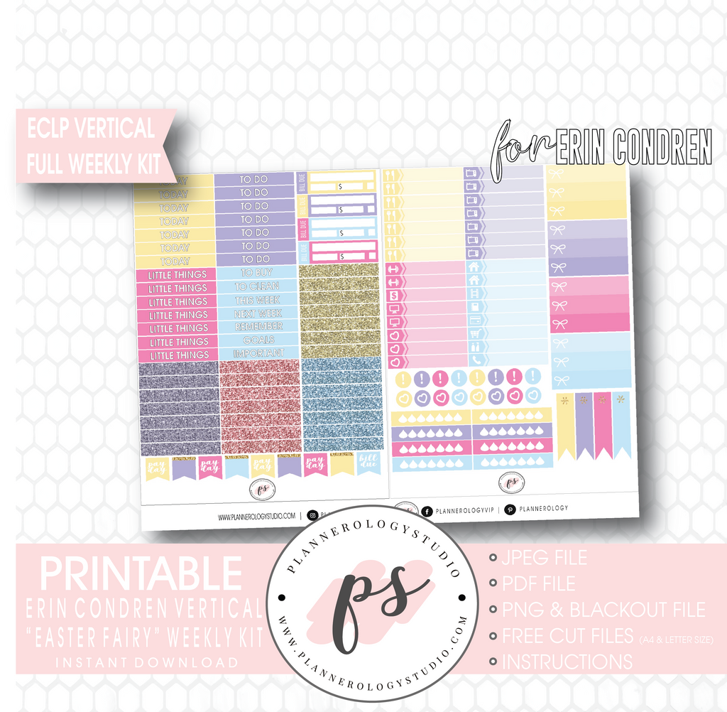 Easter Fairy Weekly Kit Printable Planner Digital Stickers (for use with Erin Condren Vertical - Plannerologystudio