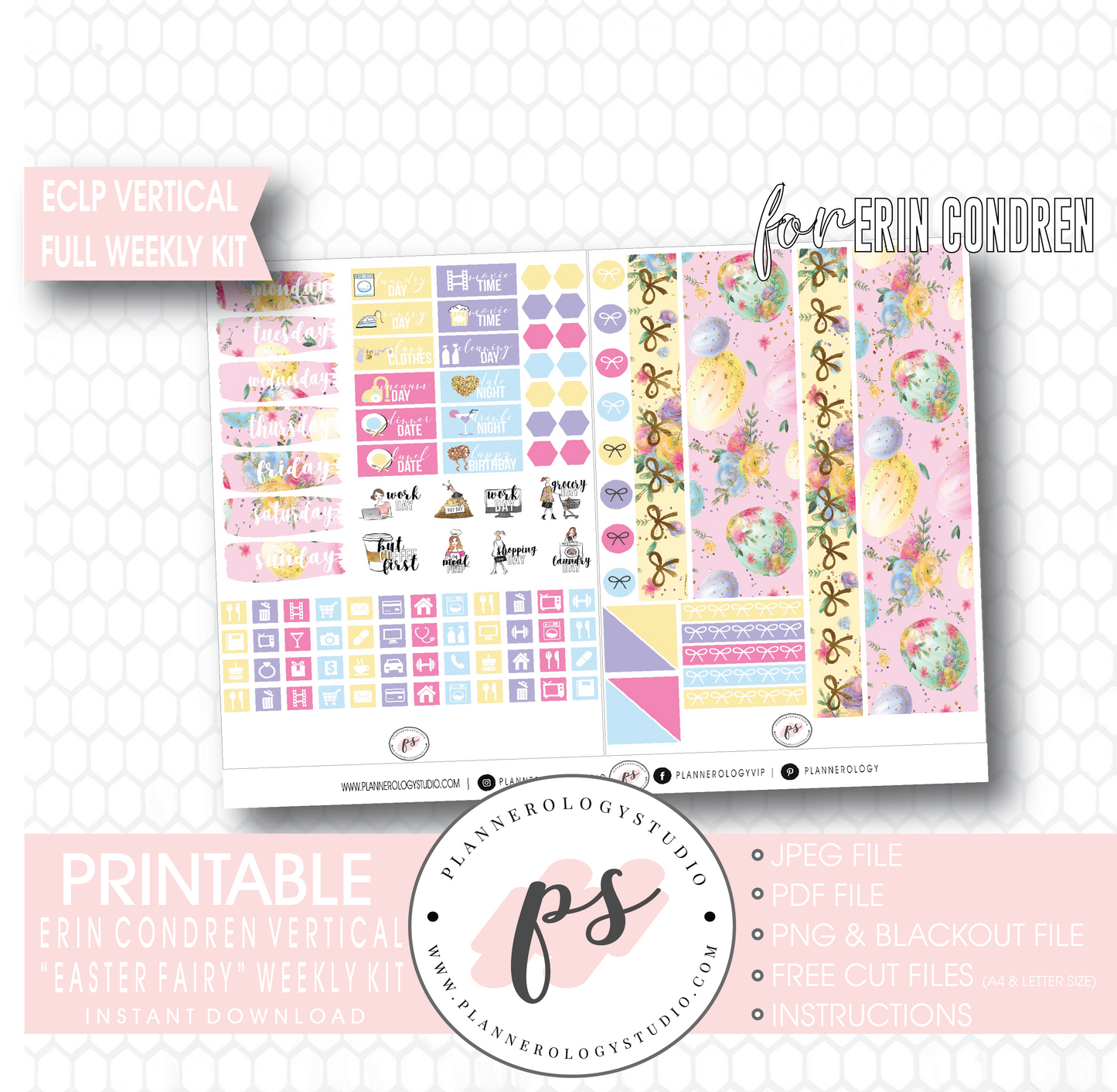 Easter Fairy Weekly Kit Printable Planner Digital Stickers (for use with Erin Condren Vertical - Plannerologystudio