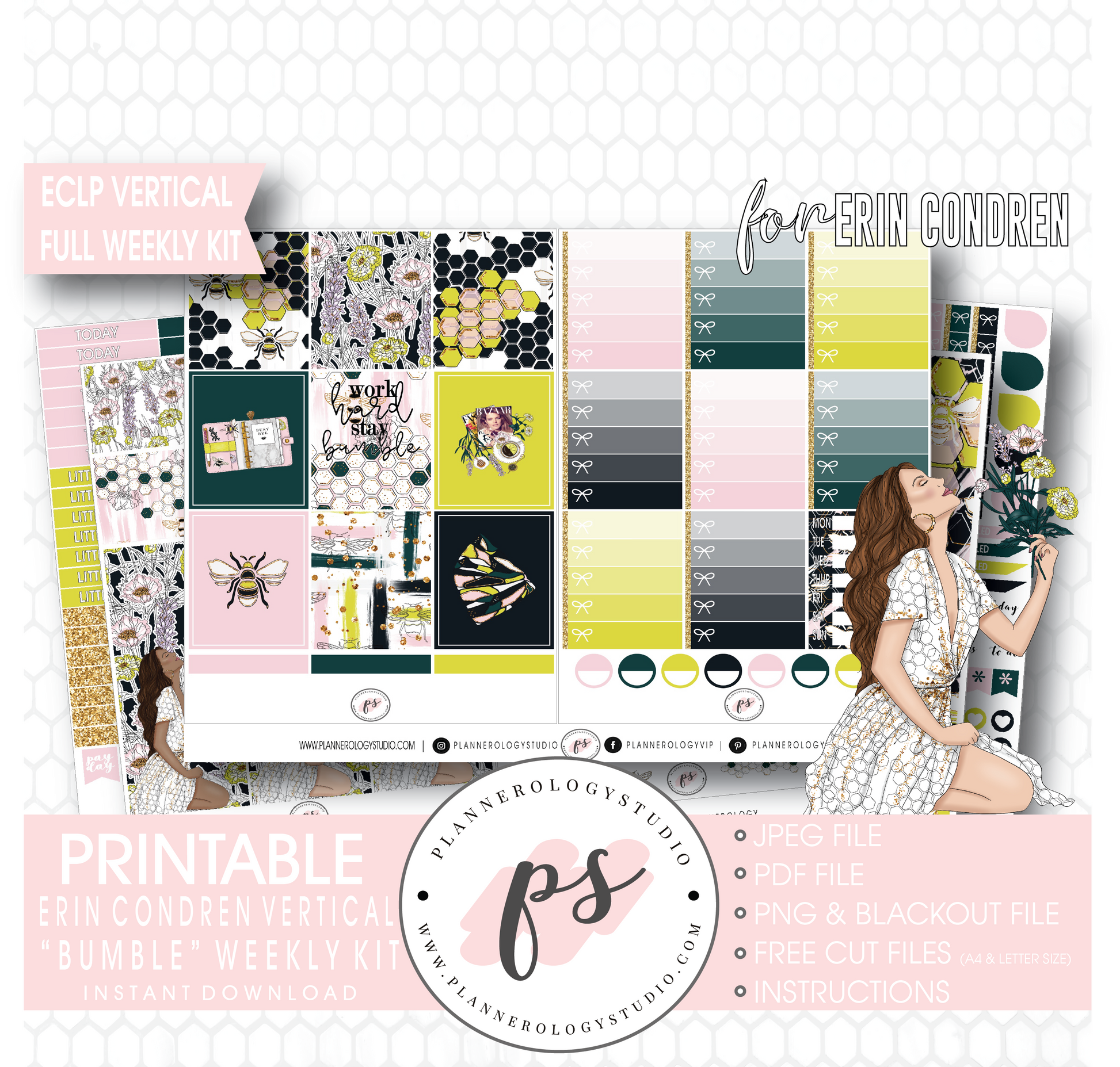 Bumble Full Weekly Kit Printable Planner Digital Stickers (for use with Erin Condren Vertical) - Plannerologystudio