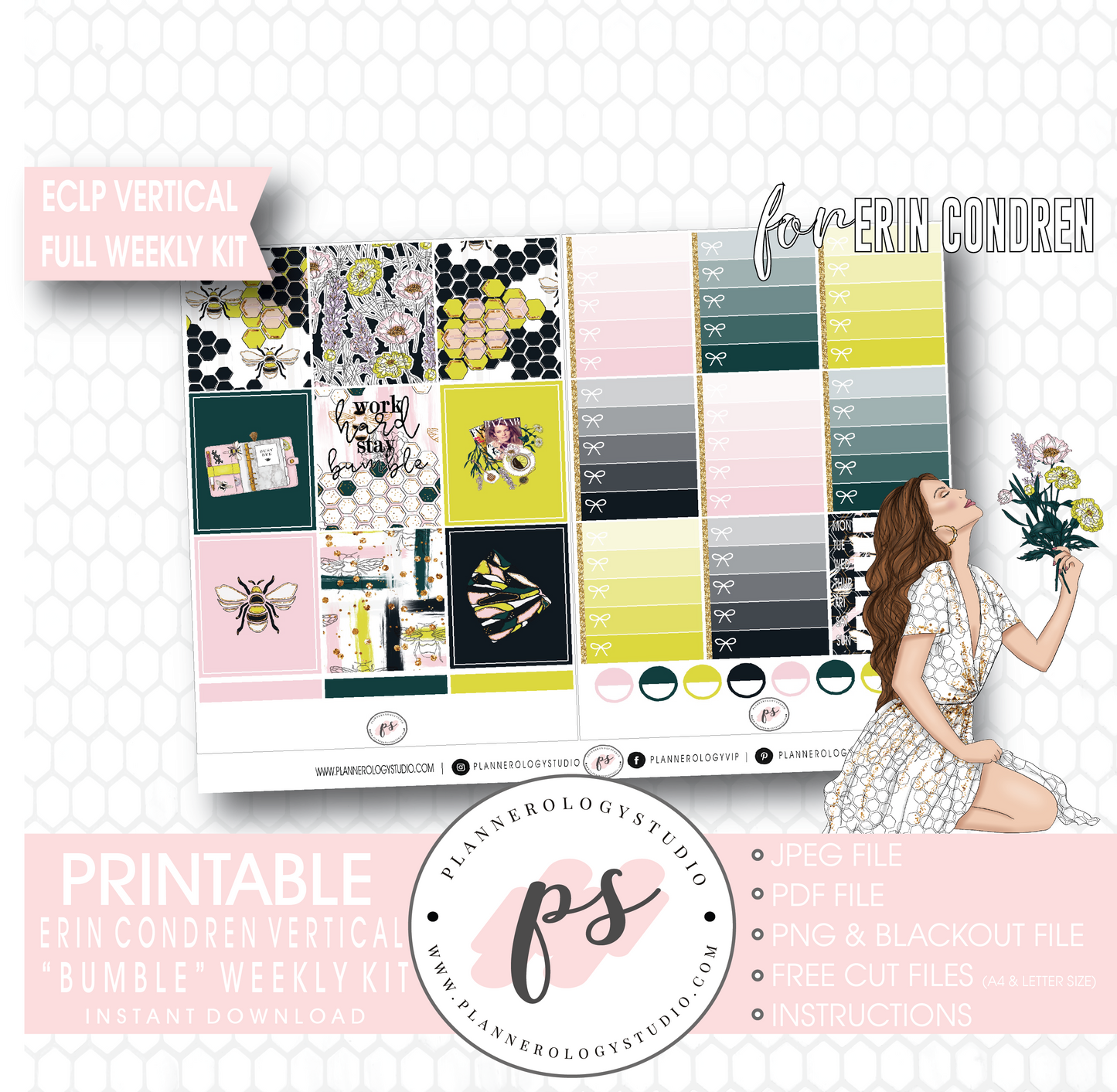 Bumble Full Weekly Kit Printable Planner Digital Stickers (for use with Erin Condren Vertical) - Plannerologystudio