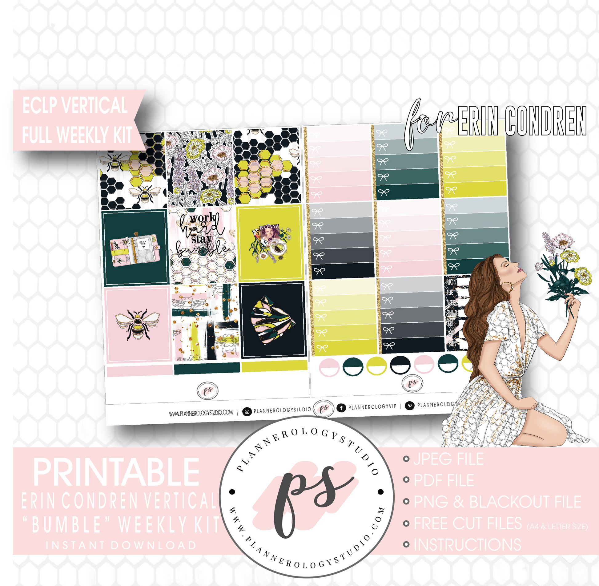 Bumble Full Weekly Kit Printable Planner Digital Stickers (for use with Erin Condren Vertical) - Plannerologystudio