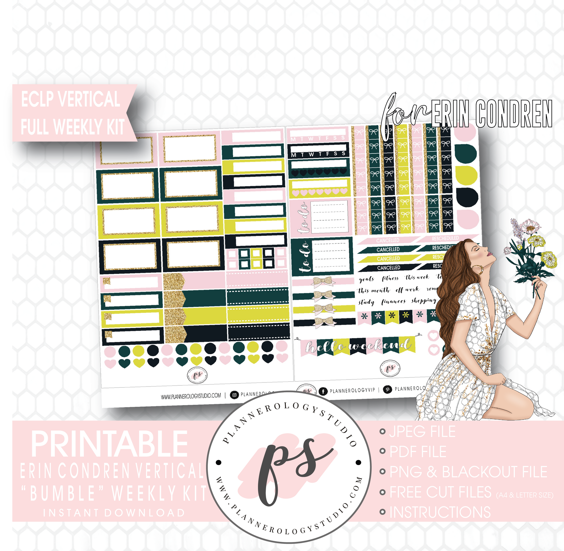 Bumble Full Weekly Kit Printable Planner Digital Stickers (for use with Erin Condren Vertical) - Plannerologystudio