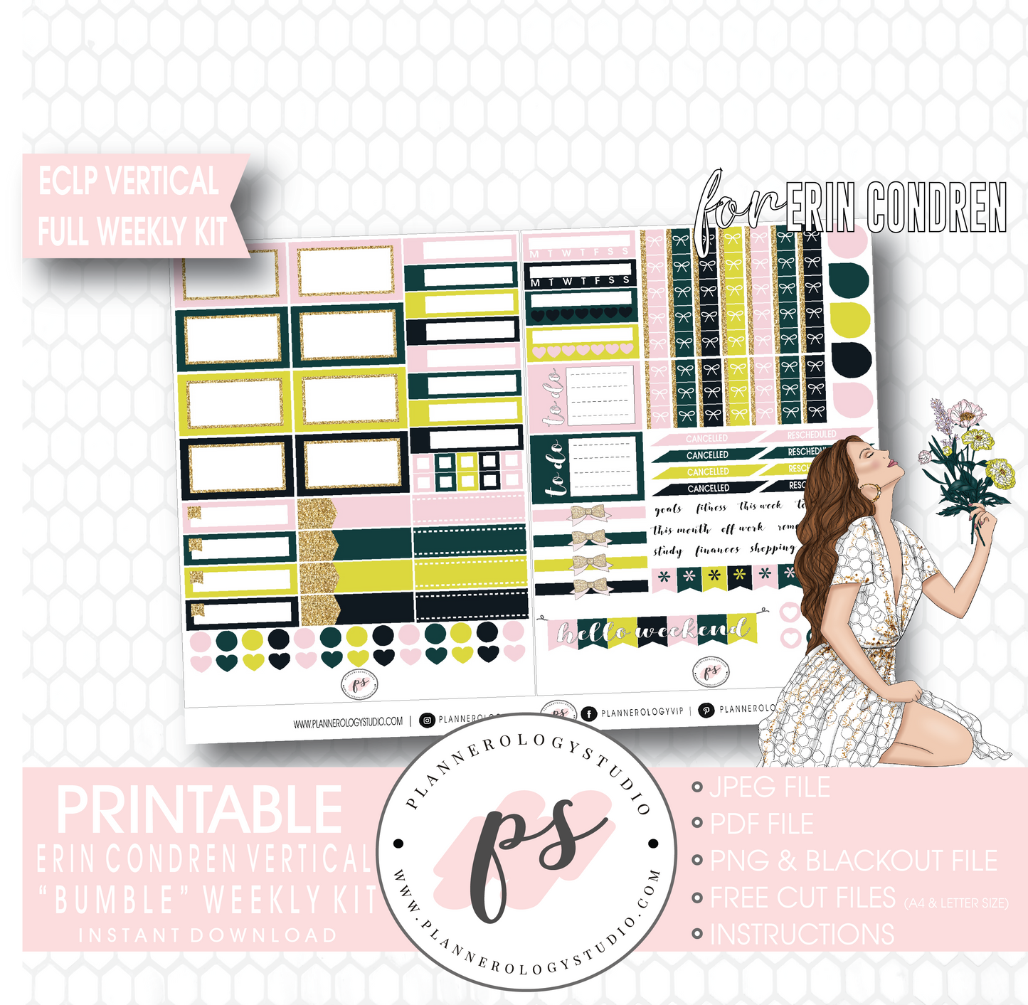 Bumble Full Weekly Kit Printable Planner Digital Stickers (for use with Erin Condren Vertical) - Plannerologystudio