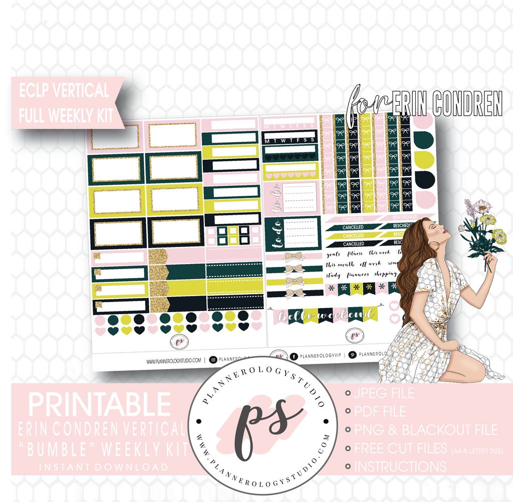 Bumble Full Weekly Kit Printable Planner Digital Stickers (for use with Erin Condren Vertical) - Plannerologystudio