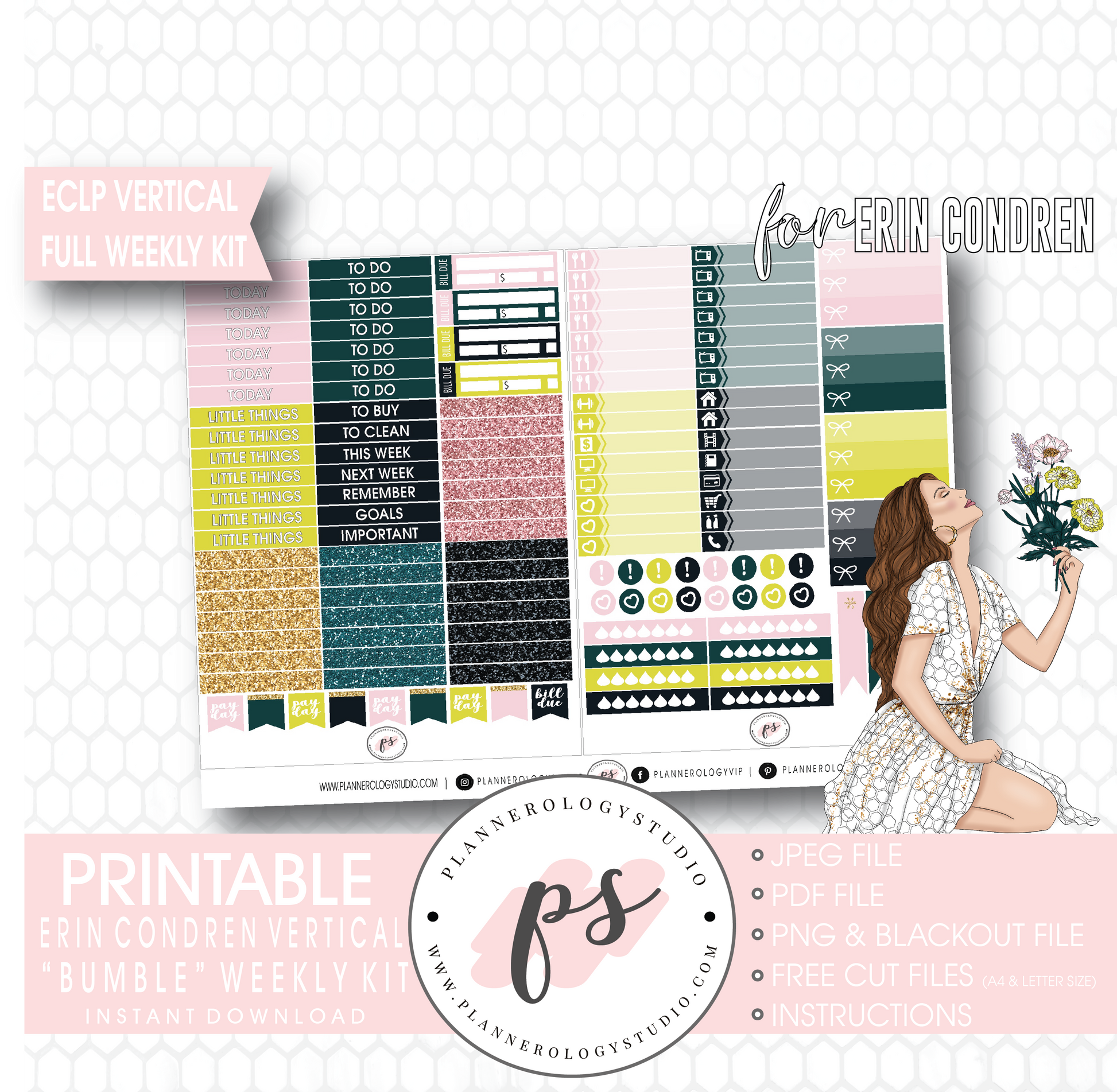 Bumble Full Weekly Kit Printable Planner Digital Stickers (for use with Erin Condren Vertical) - Plannerologystudio