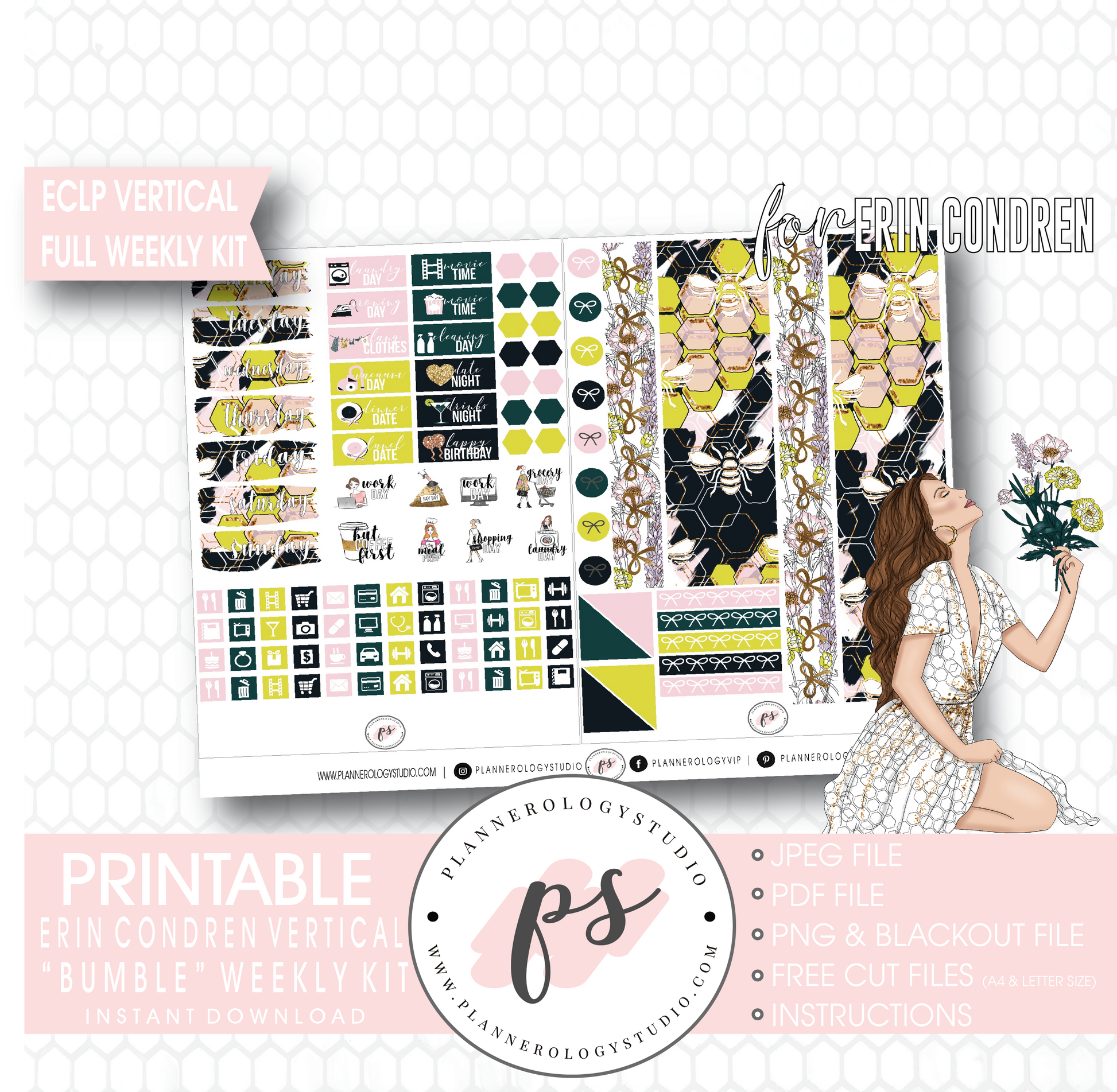 Bumble Full Weekly Kit Printable Planner Digital Stickers (for use with Erin Condren Vertical) - Plannerologystudio