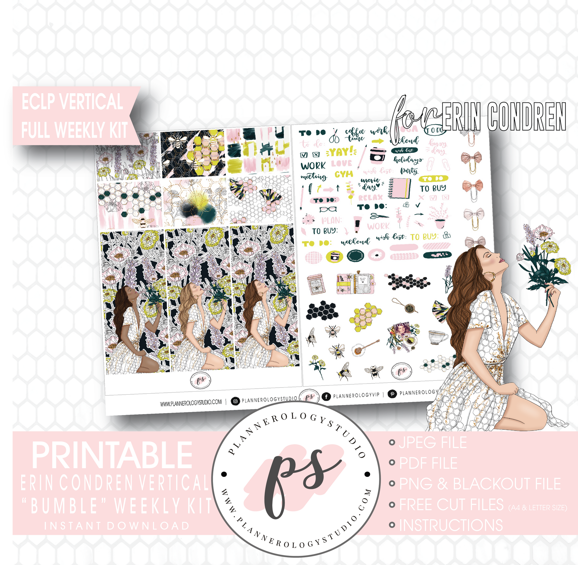 Bumble Full Weekly Kit Printable Planner Digital Stickers (for use with Erin Condren Vertical) - Plannerologystudio
