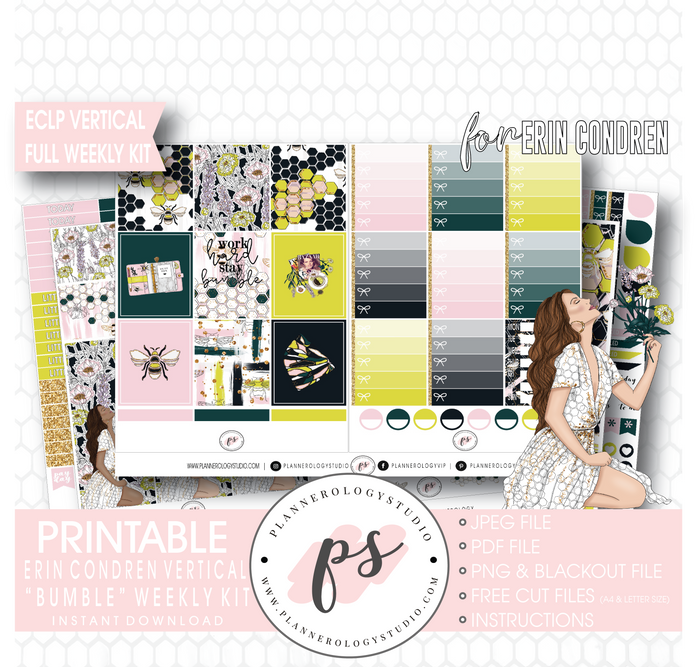 Bumble Full Weekly Kit Printable Planner Digital Stickers (for use with Erin Condren Vertical) - Plannerologystudio