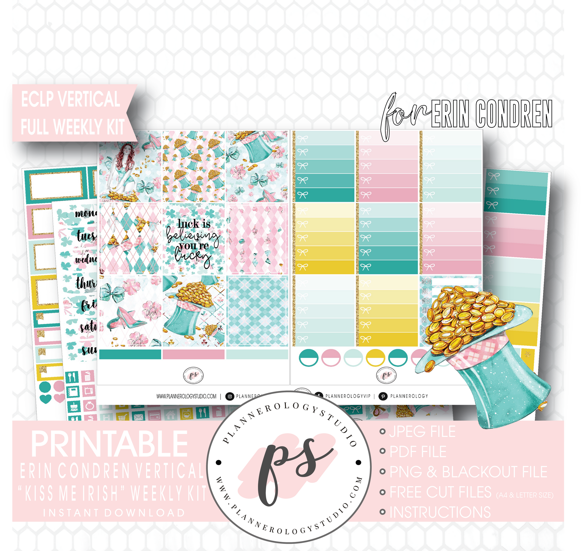 Kiss Me Irish (St Patrick's Day) Full Weekly Kit Printable Planner Digital Stickers (for use with Erin Condren Vertical) - Plannerologystudio