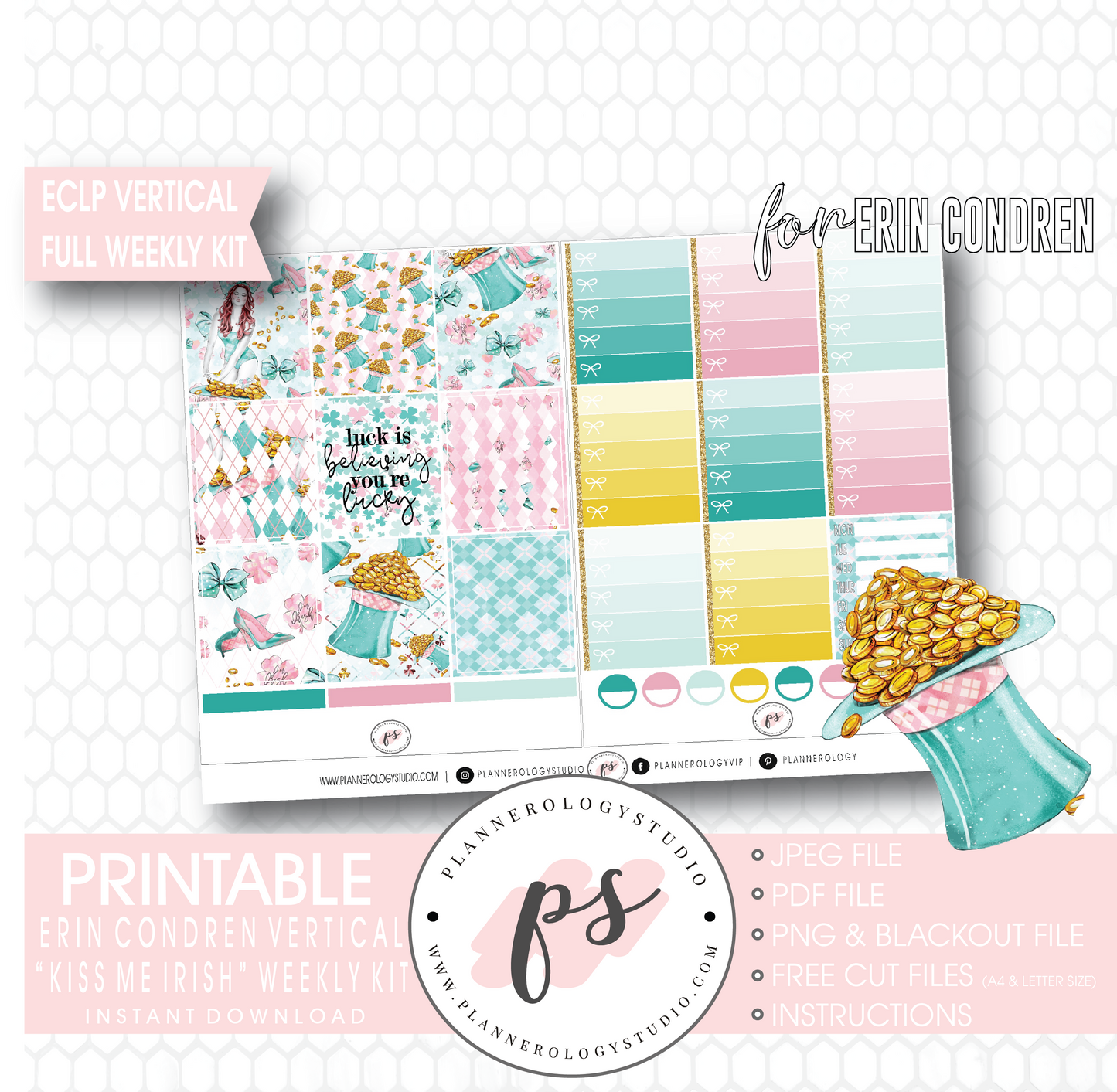Kiss Me Irish (St Patrick's Day) Full Weekly Kit Printable Planner Digital Stickers (for use with Erin Condren Vertical) - Plannerologystudio