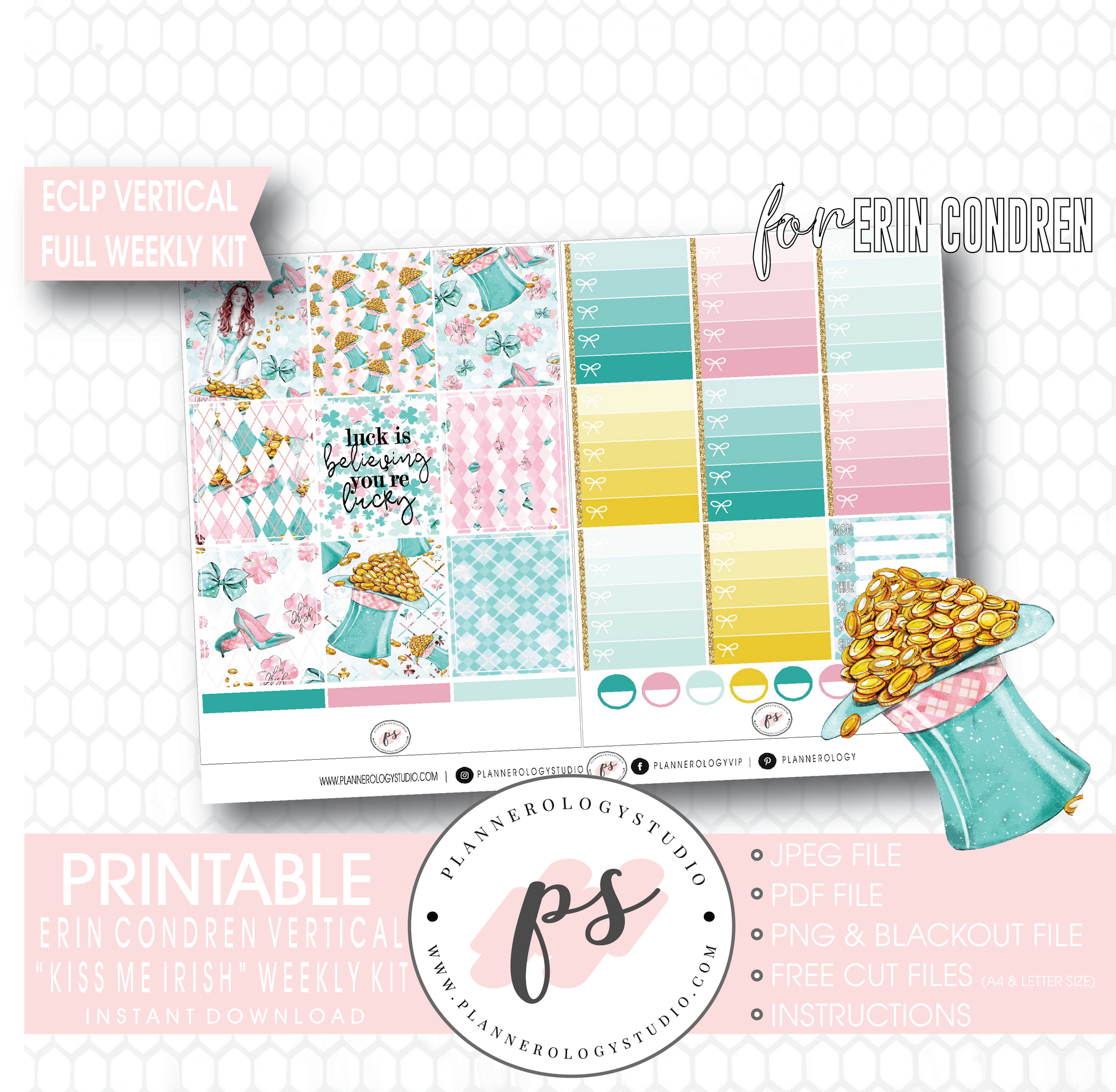 Kiss Me Irish (St Patrick's Day) Full Weekly Kit Printable Planner Digital Stickers (for use with Erin Condren Vertical) - Plannerologystudio