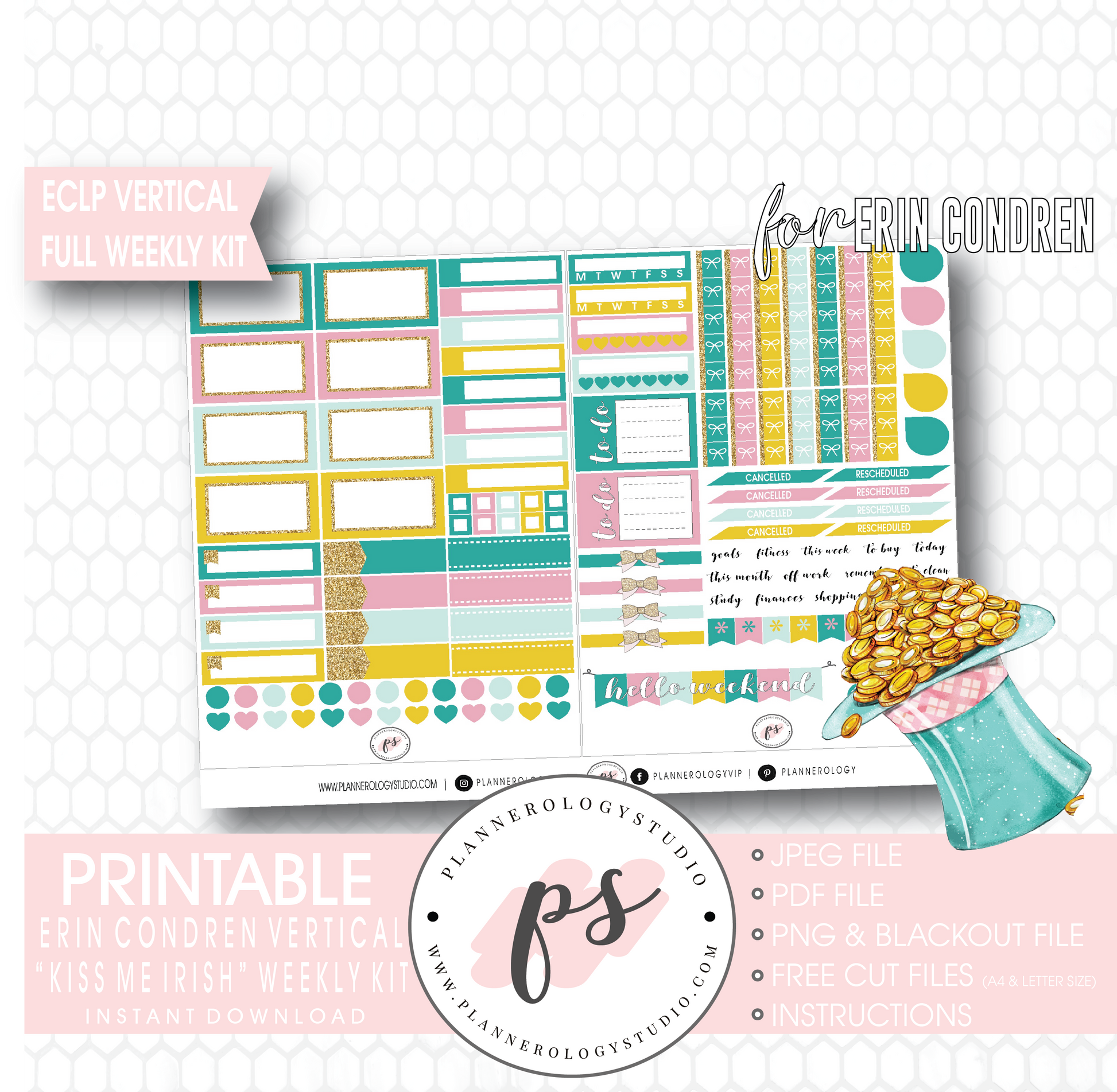 Kiss Me Irish (St Patrick's Day) Full Weekly Kit Printable Planner Digital Stickers (for use with Erin Condren Vertical) - Plannerologystudio