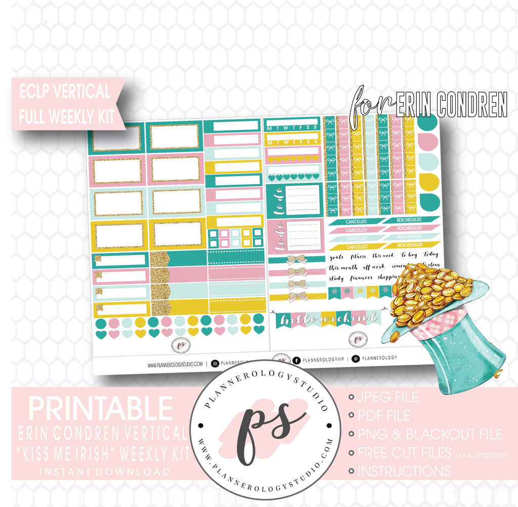 Kiss Me Irish (St Patrick's Day) Full Weekly Kit Printable Planner Digital Stickers (for use with Erin Condren Vertical) - Plannerologystudio