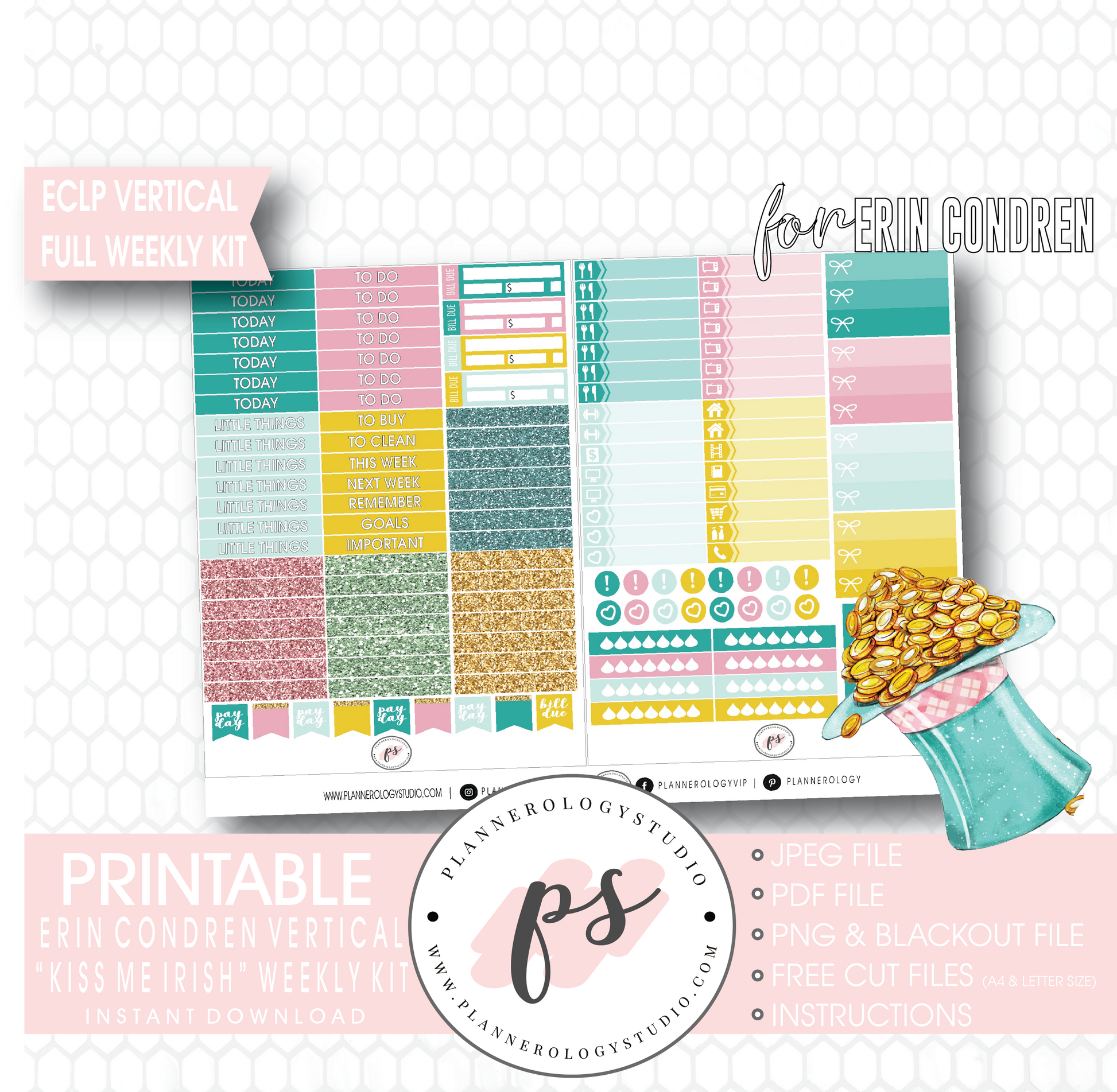 Kiss Me Irish (St Patrick's Day) Full Weekly Kit Printable Planner Digital Stickers (for use with Erin Condren Vertical) - Plannerologystudio