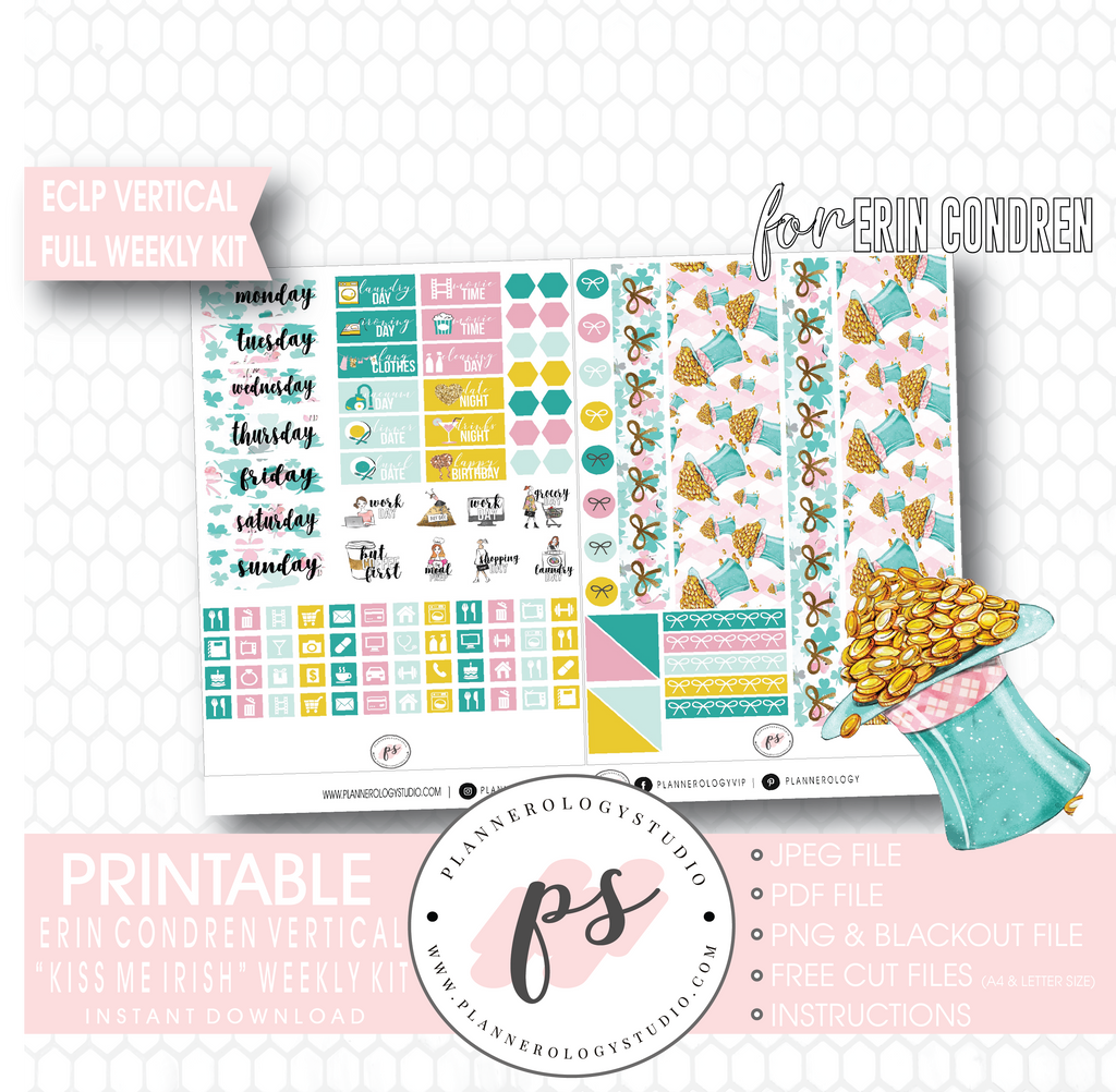 Kiss Me Irish (St Patrick's Day) Full Weekly Kit Printable Planner Digital Stickers (for use with Erin Condren Vertical) - Plannerologystudio