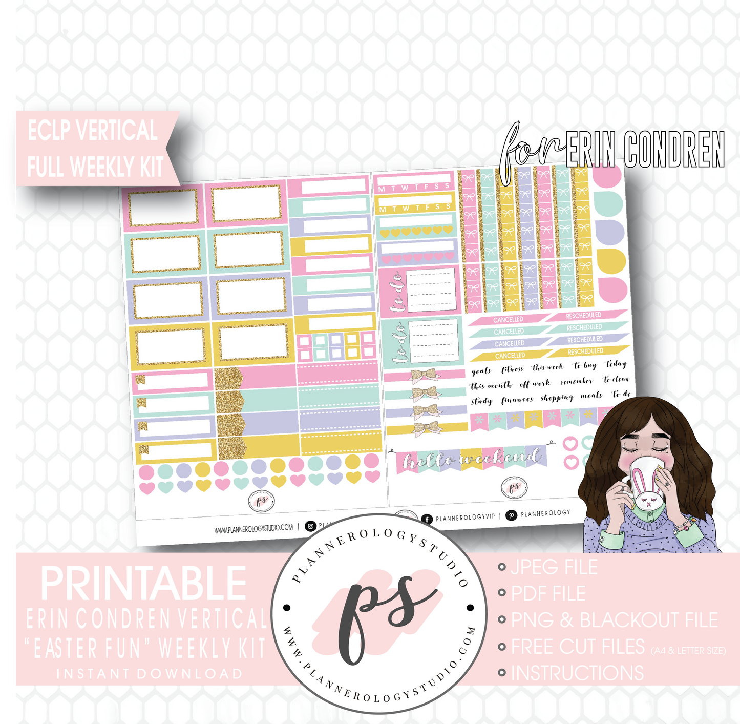 Easter Fun Full Weekly Kit Printable Planner Digital Stickers (for use with Erin Condren Vertical - Plannerologystudio