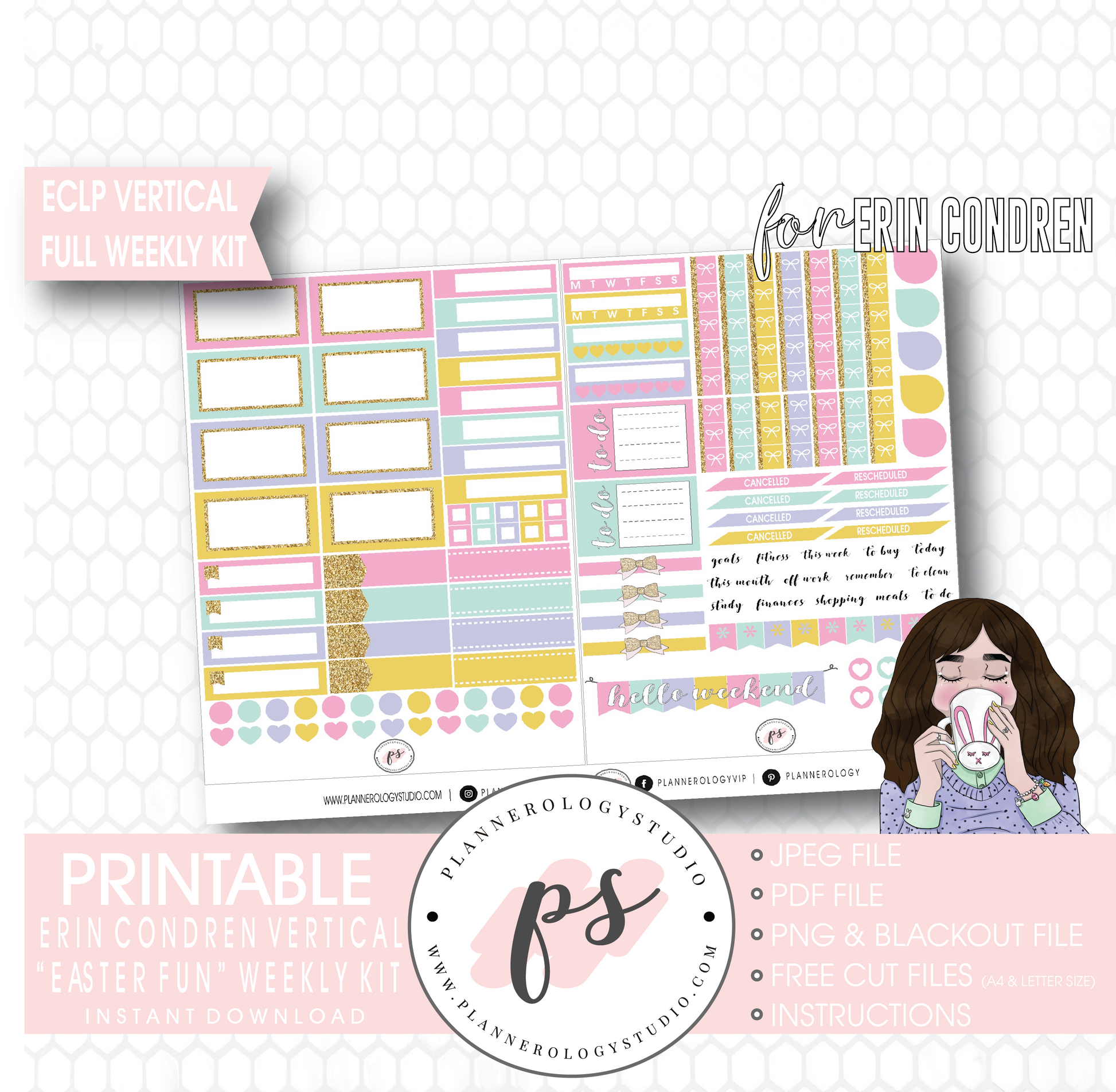 Easter Fun Full Weekly Kit Printable Planner Digital Stickers (for use with Erin Condren Vertical - Plannerologystudio