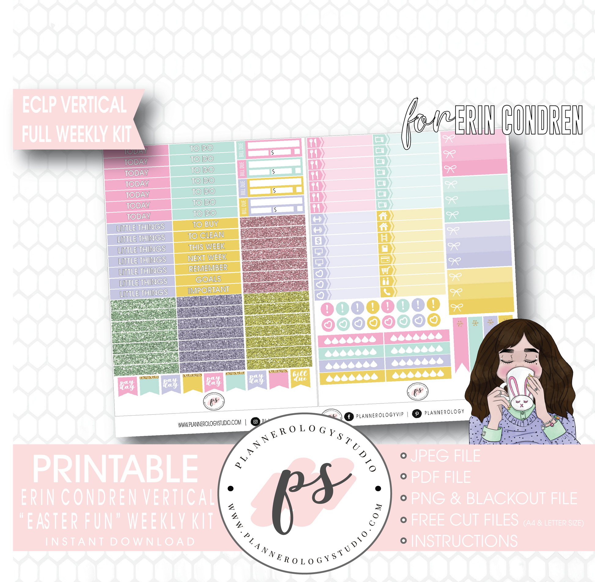 Easter Fun Full Weekly Kit Printable Planner Digital Stickers (for use with Erin Condren Vertical - Plannerologystudio