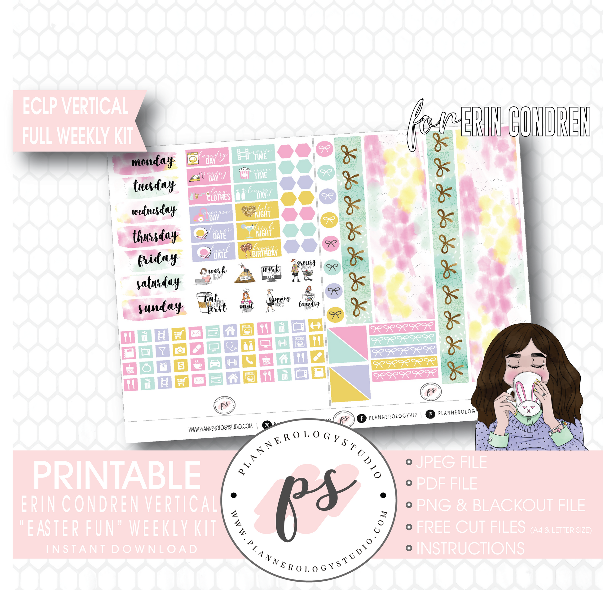 Easter Fun Full Weekly Kit Printable Planner Digital Stickers (for use with Erin Condren Vertical - Plannerologystudio
