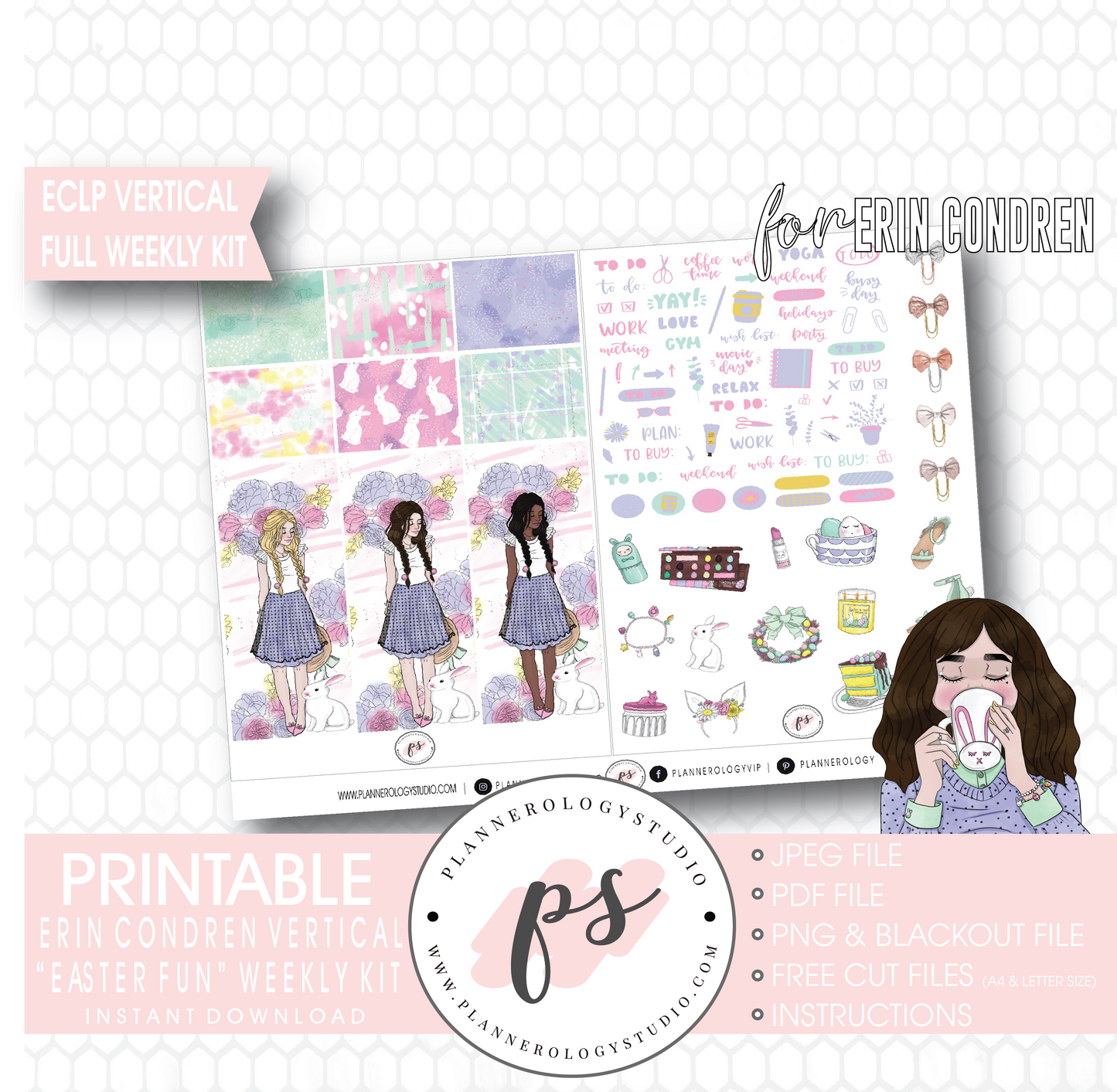 Easter Fun Full Weekly Kit Printable Planner Digital Stickers (for use with Erin Condren Vertical - Plannerologystudio