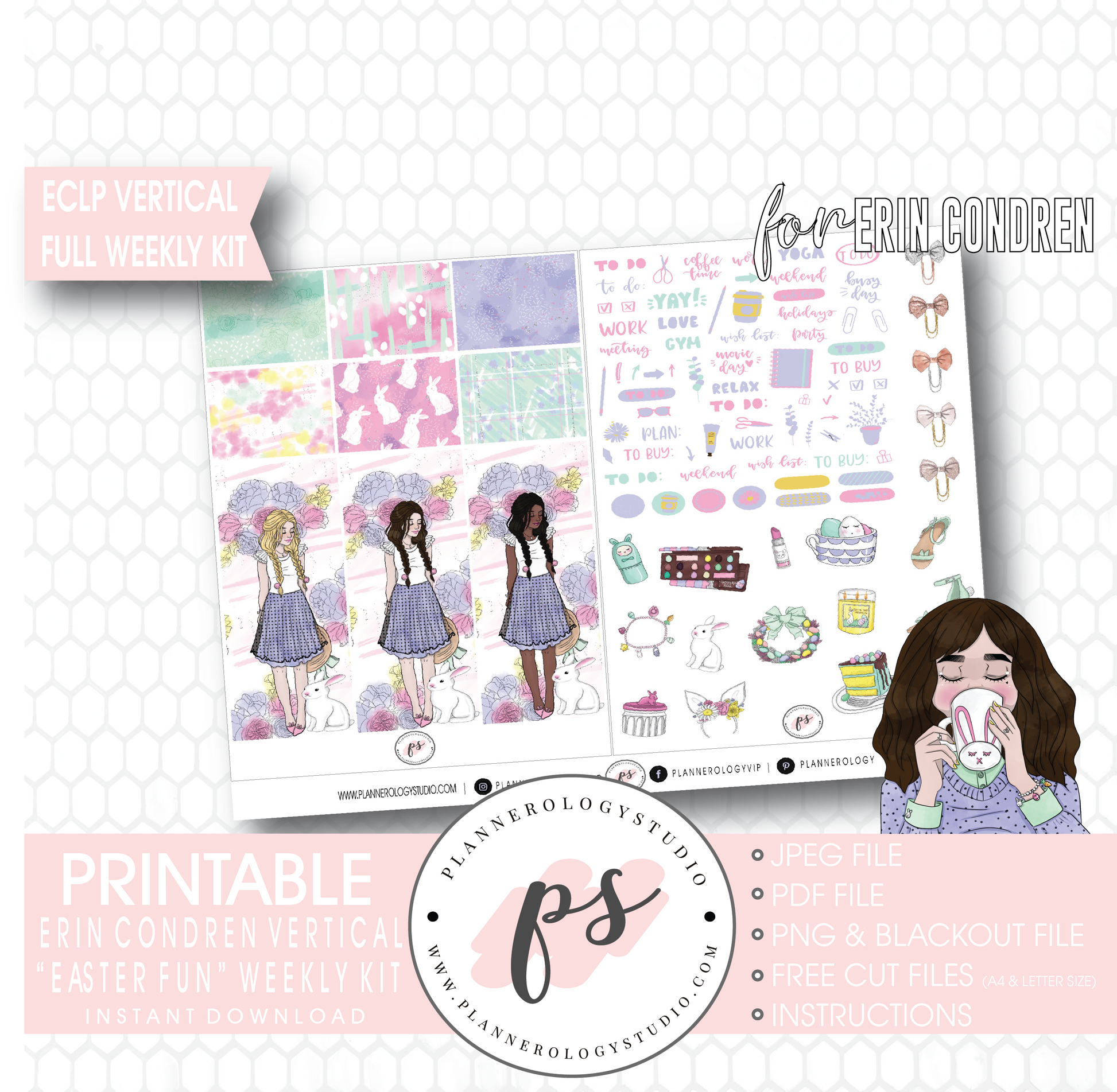Easter Fun Full Weekly Kit Printable Planner Digital Stickers (for use with Erin Condren Vertical - Plannerologystudio