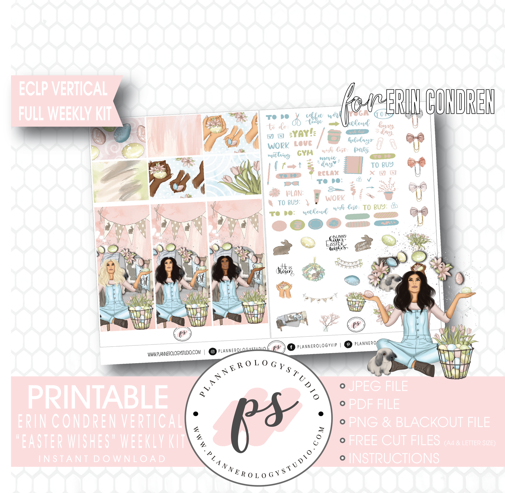 Easter Wishes Full Weekly Kit Printable Planner Digital Stickers (for use with Erin Condren Vertical - Plannerologystudio