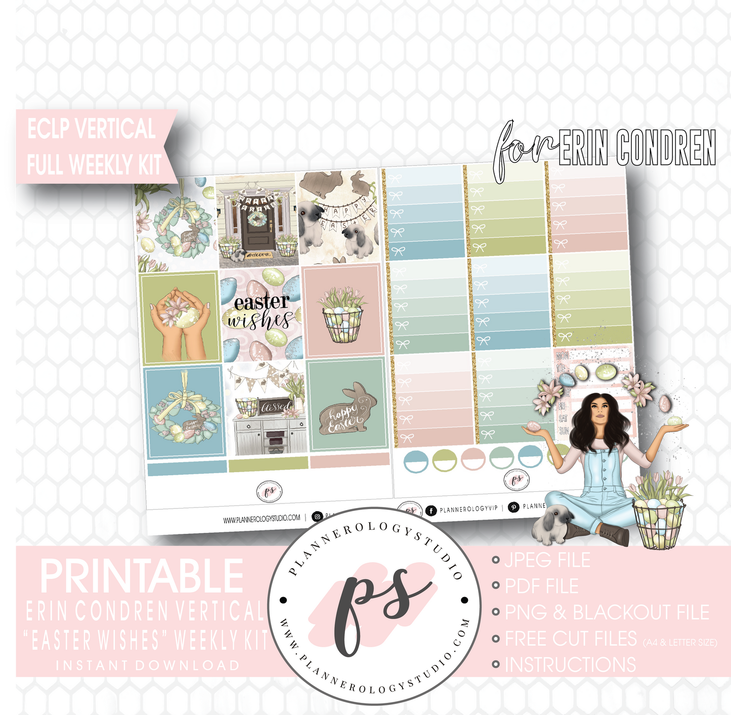 Easter Wishes Full Weekly Kit Printable Planner Digital Stickers (for use with Erin Condren Vertical - Plannerologystudio