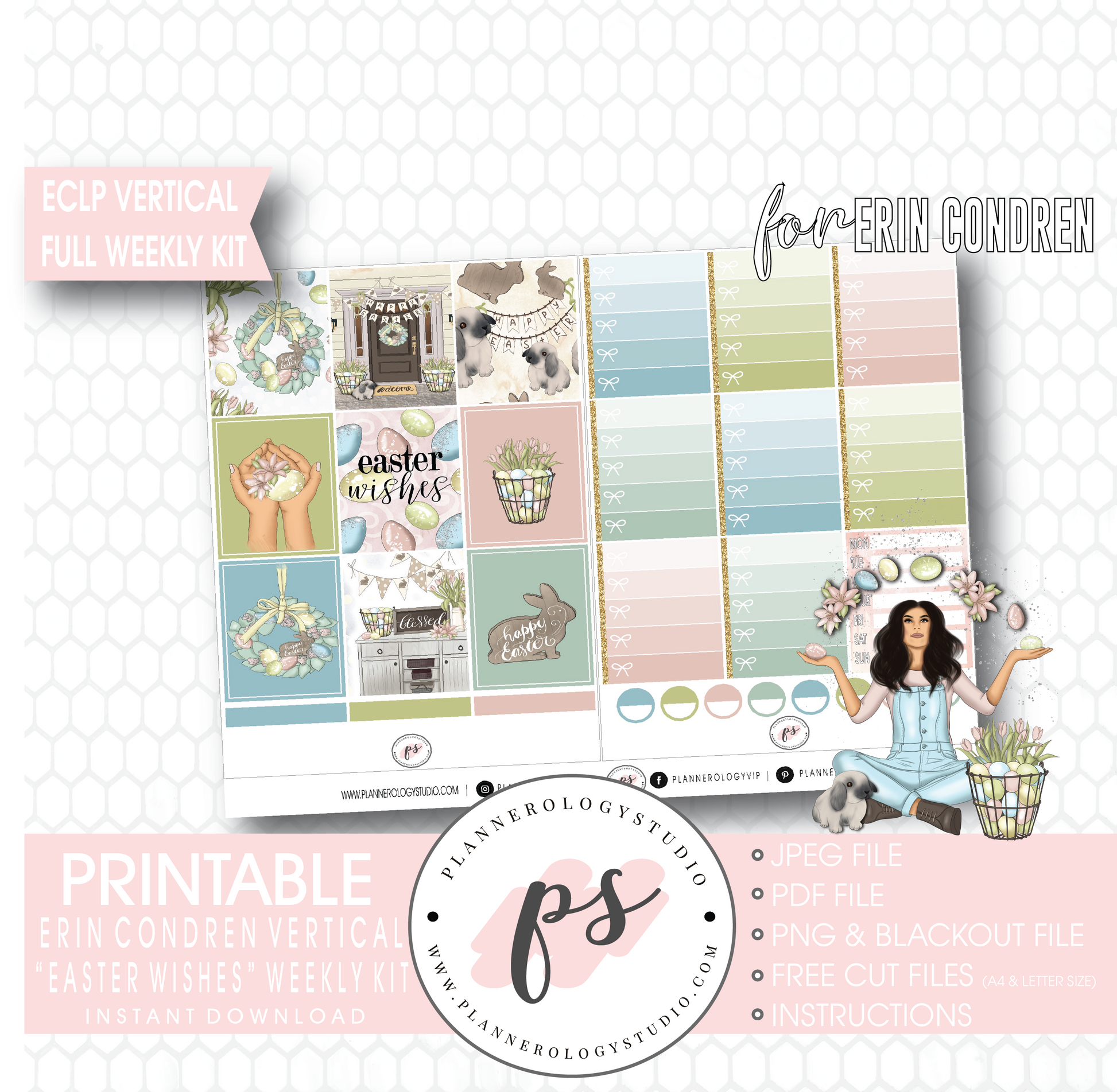 Easter Wishes Full Weekly Kit Printable Planner Digital Stickers (for use with Erin Condren Vertical - Plannerologystudio