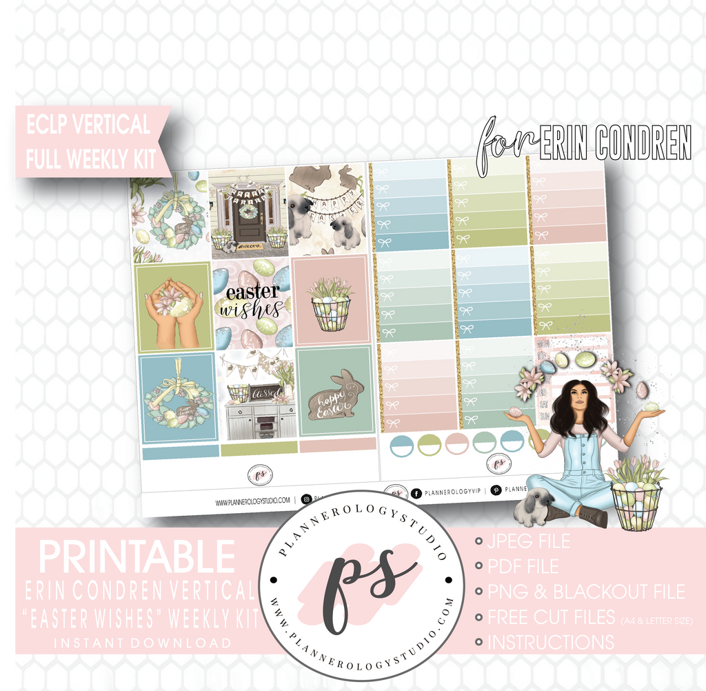 Easter Wishes Full Weekly Kit Printable Planner Digital Stickers (for use with Erin Condren Vertical - Plannerologystudio