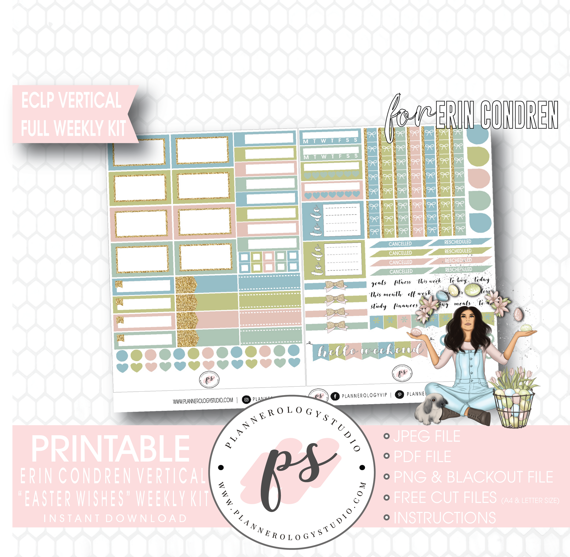 Easter Wishes Full Weekly Kit Printable Planner Digital Stickers (for use with Erin Condren Vertical - Plannerologystudio