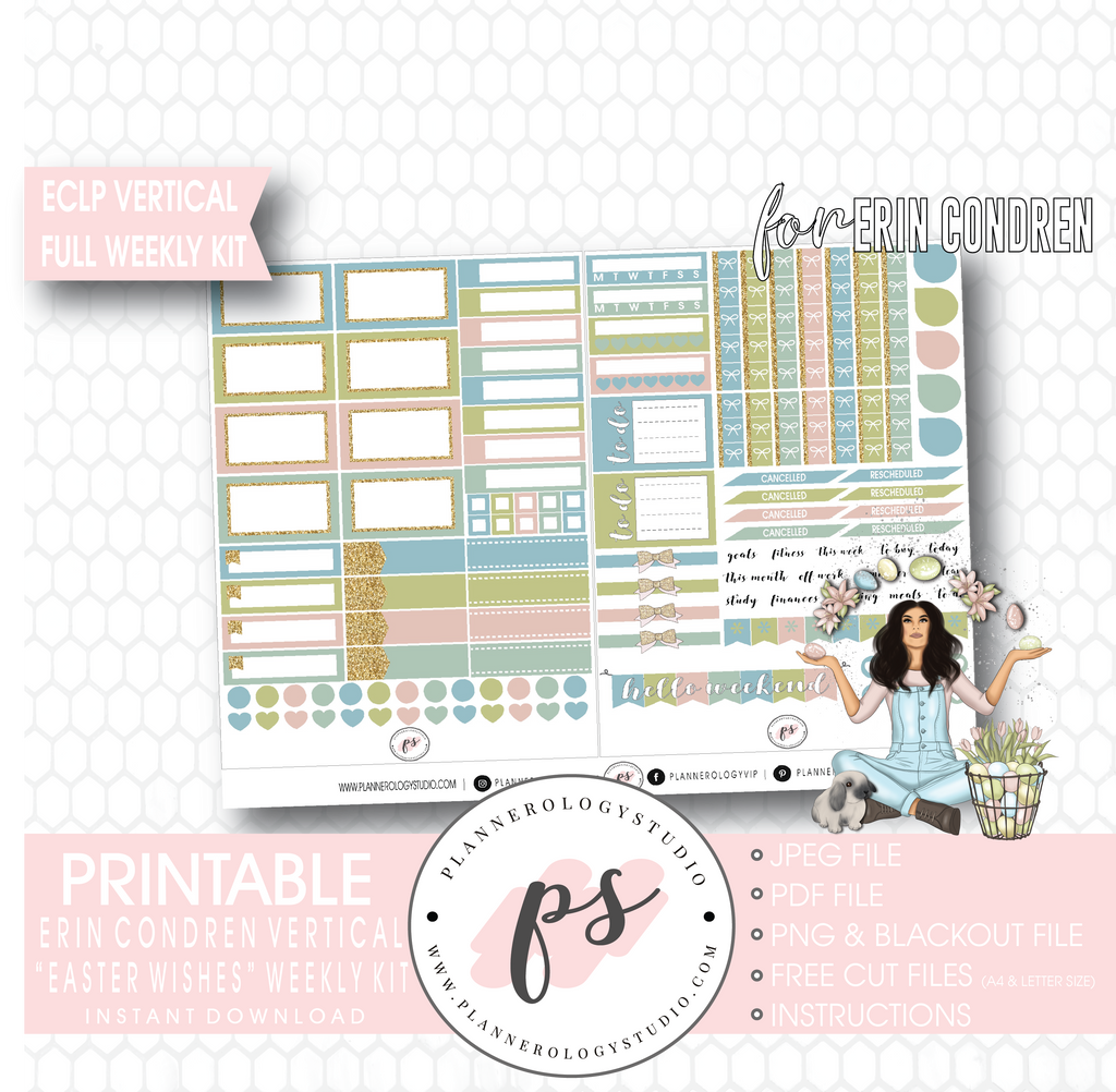 Easter Wishes Full Weekly Kit Printable Planner Digital Stickers (for use with Erin Condren Vertical - Plannerologystudio