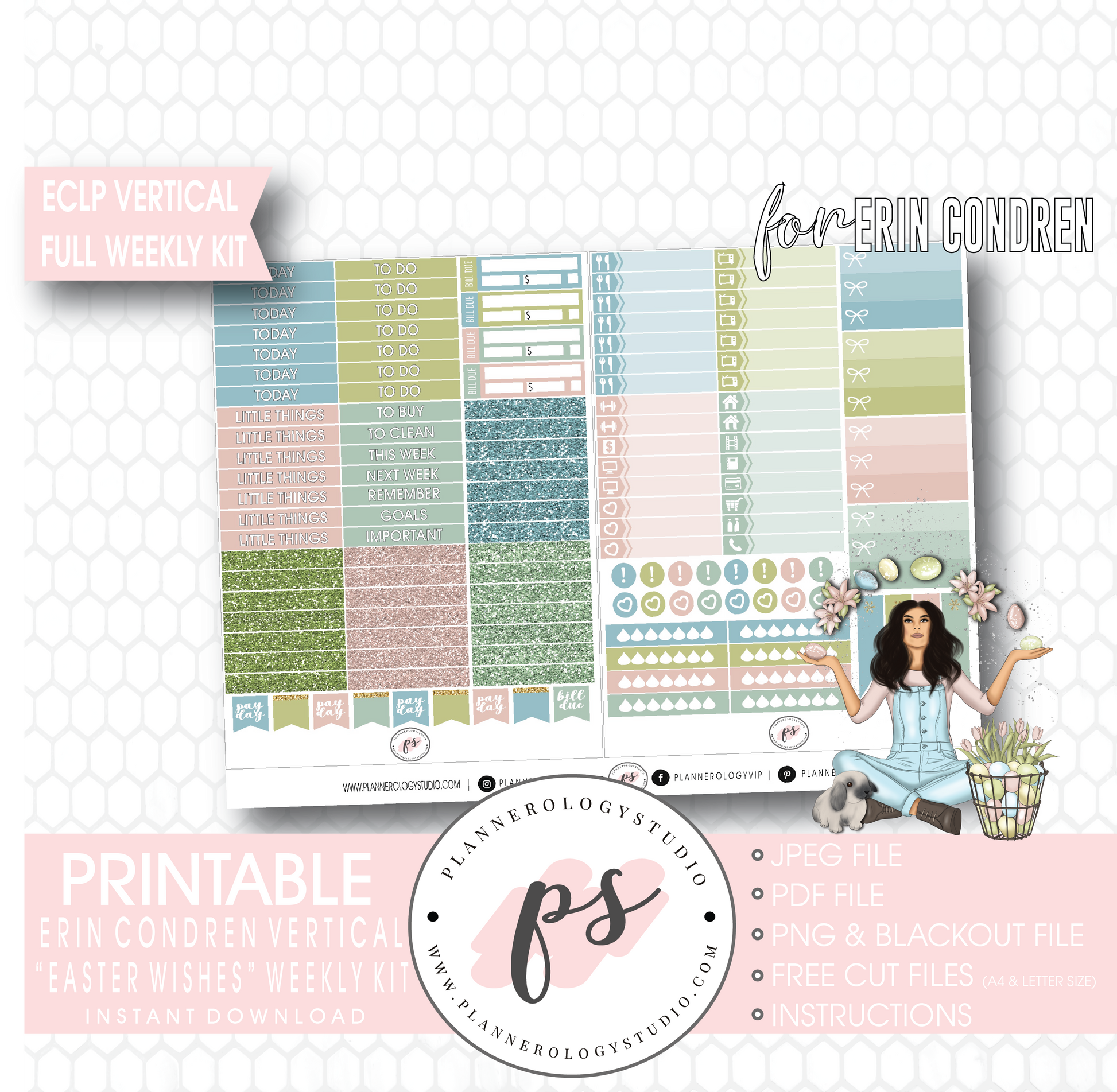 Easter Wishes Full Weekly Kit Printable Planner Digital Stickers (for use with Erin Condren Vertical - Plannerologystudio