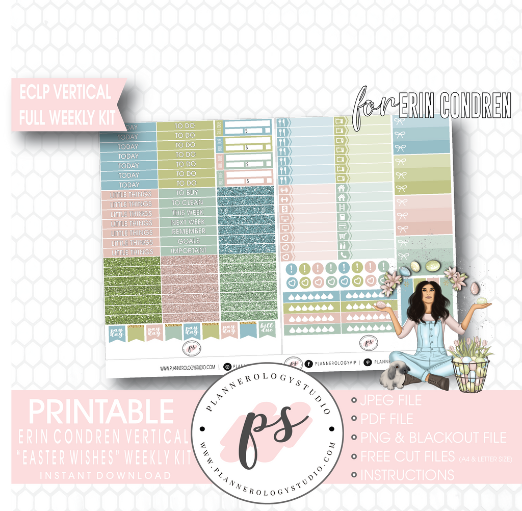 Easter Wishes Full Weekly Kit Printable Planner Digital Stickers (for use with Erin Condren Vertical - Plannerologystudio