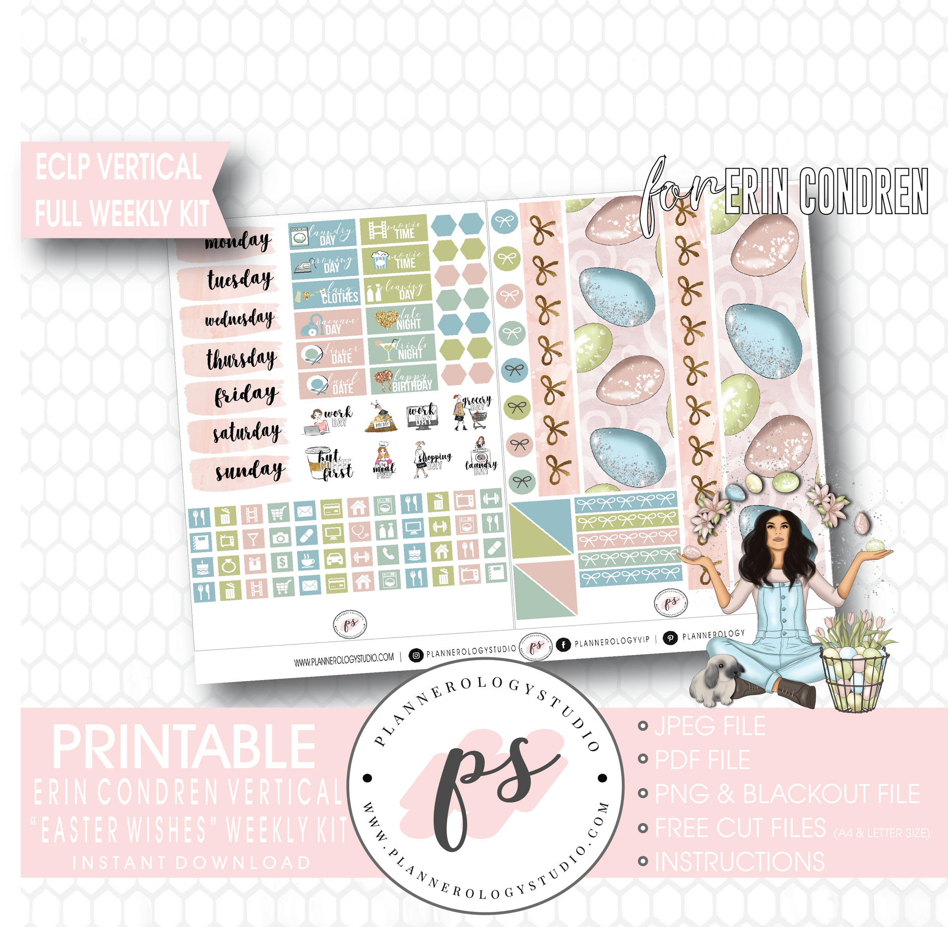 Easter Wishes Full Weekly Kit Printable Planner Digital Stickers (for use with Erin Condren Vertical - Plannerologystudio