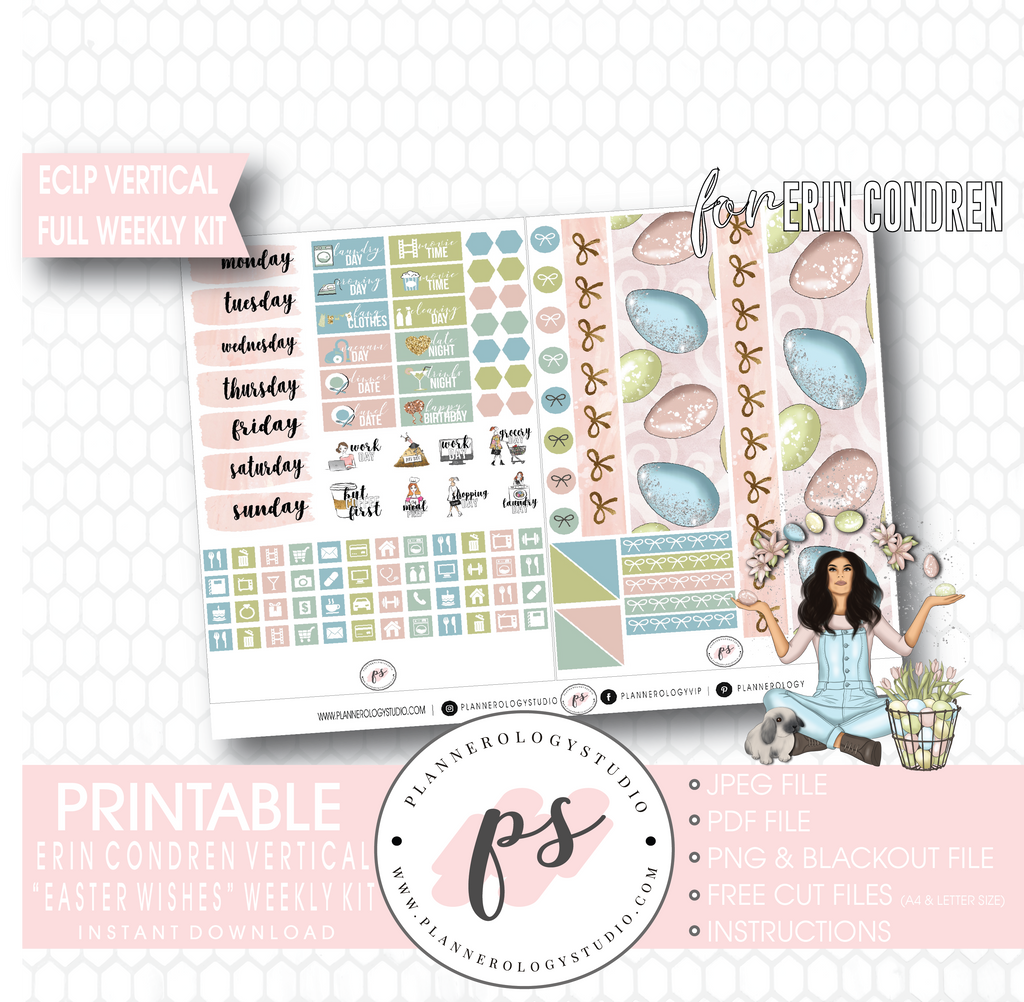 Easter Wishes Full Weekly Kit Printable Planner Digital Stickers (for use with Erin Condren Vertical - Plannerologystudio