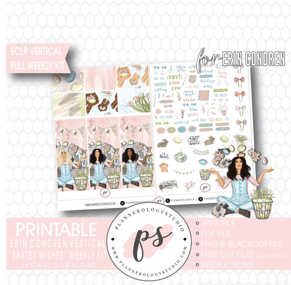 Easter Wishes Full Weekly Kit Printable Planner Digital Stickers (for use with Erin Condren Vertical - Plannerologystudio