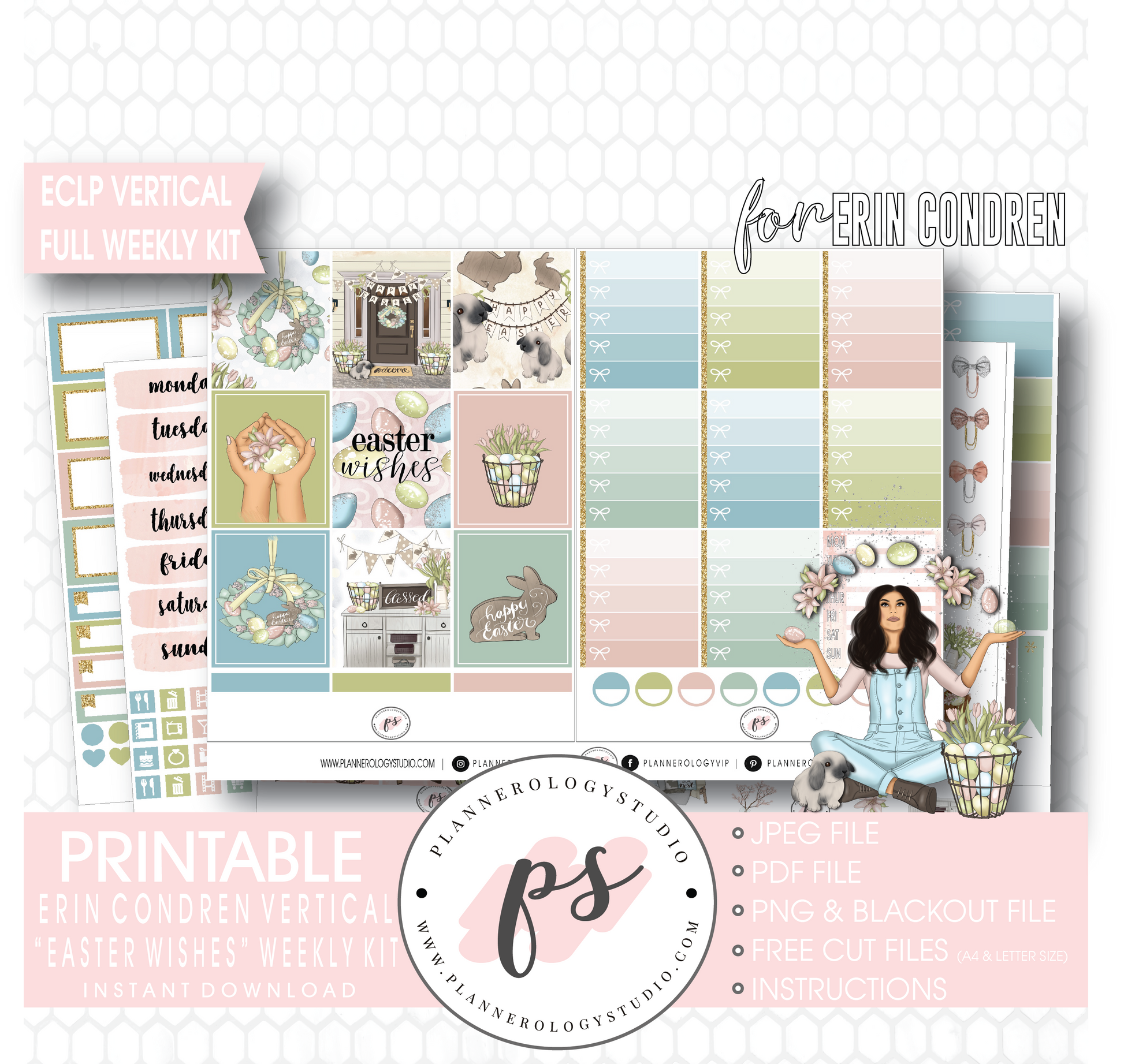 Easter Wishes Full Weekly Kit Printable Planner Digital Stickers (for use with Erin Condren Vertical - Plannerologystudio