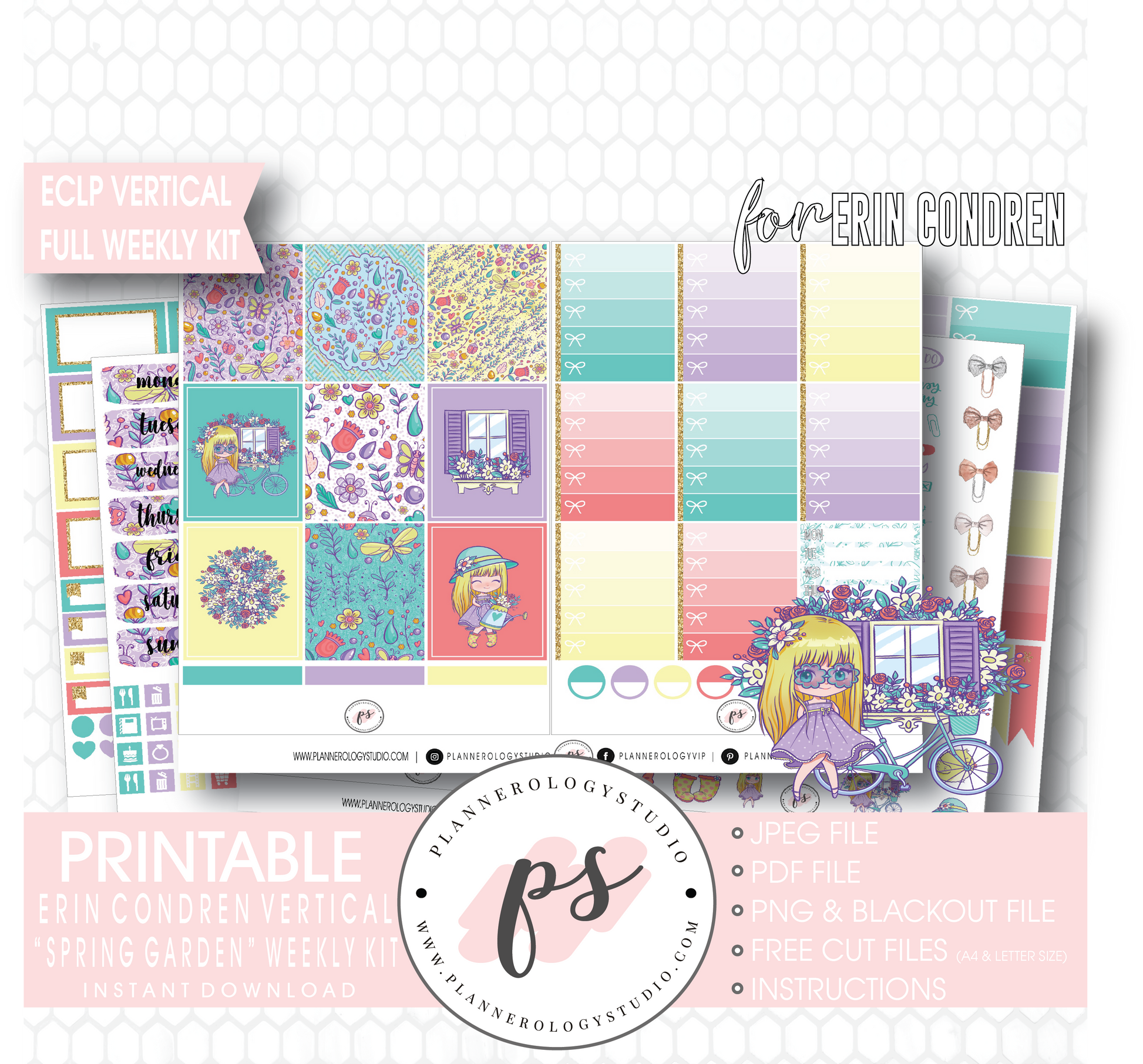 Spring Garden Full Weekly Kit Printable Planner Digital Stickers (for use with Erin Condren Vertical) - Plannerologystudio