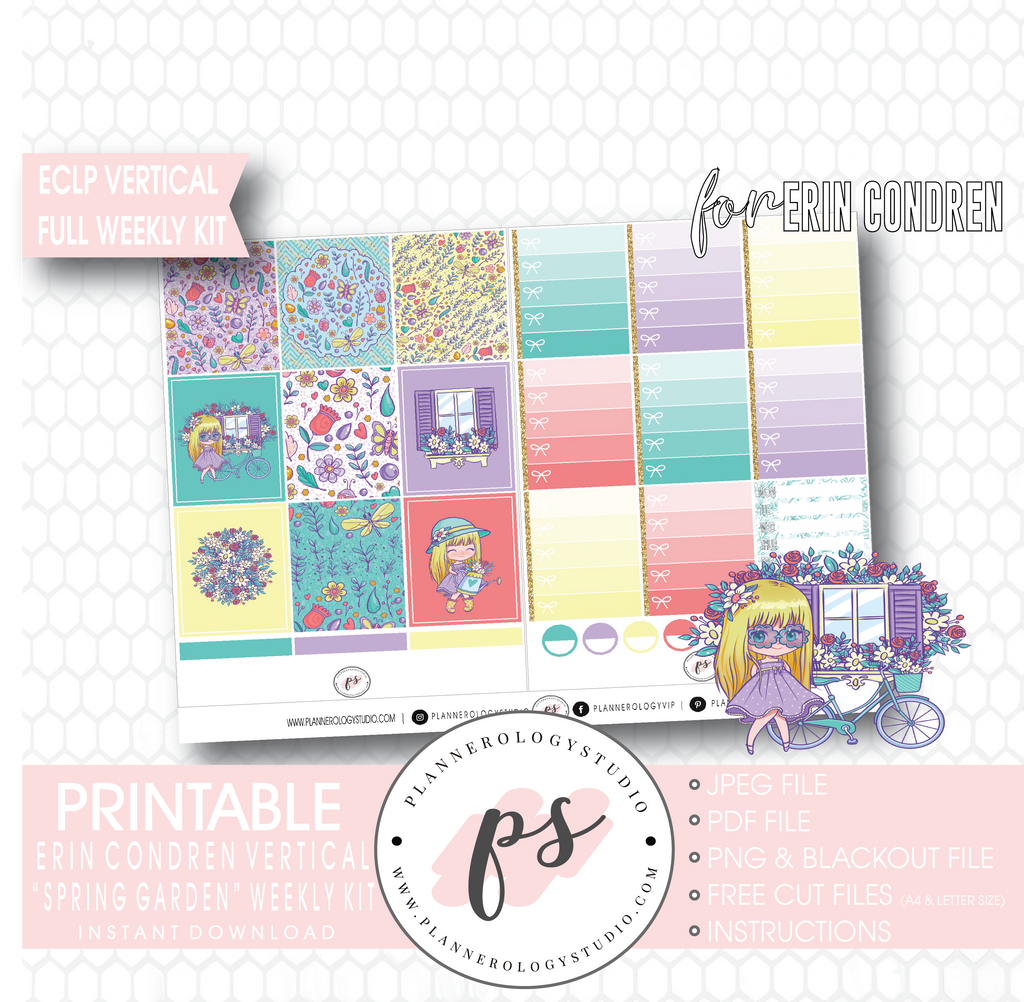 Spring Garden Full Weekly Kit Printable Planner Digital Stickers (for use with Erin Condren Vertical) - Plannerologystudio