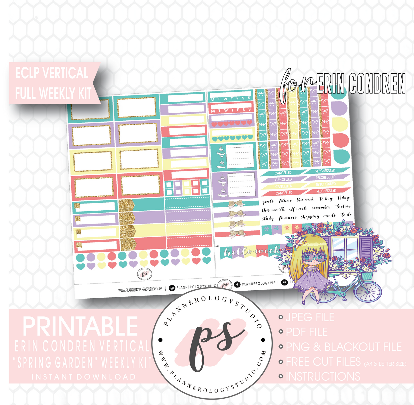 Spring Garden Full Weekly Kit Printable Planner Digital Stickers (for use with Erin Condren Vertical) - Plannerologystudio